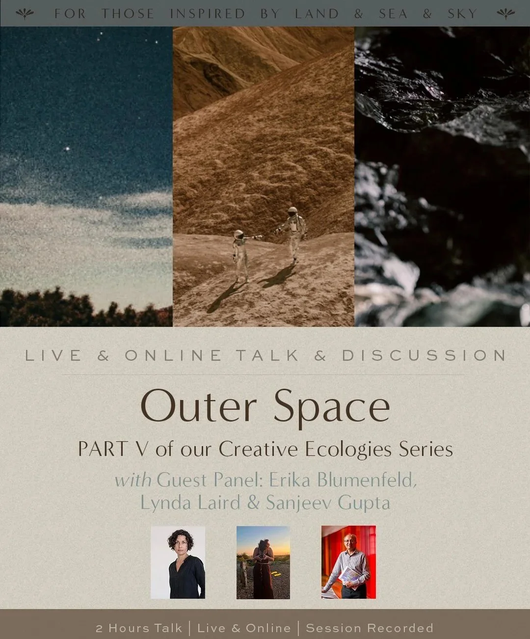 Poster for an online talk titled 'Outer Space,' featuring images of a starry night sky, astronauts on a desert landscape, and dark rocky terrain.