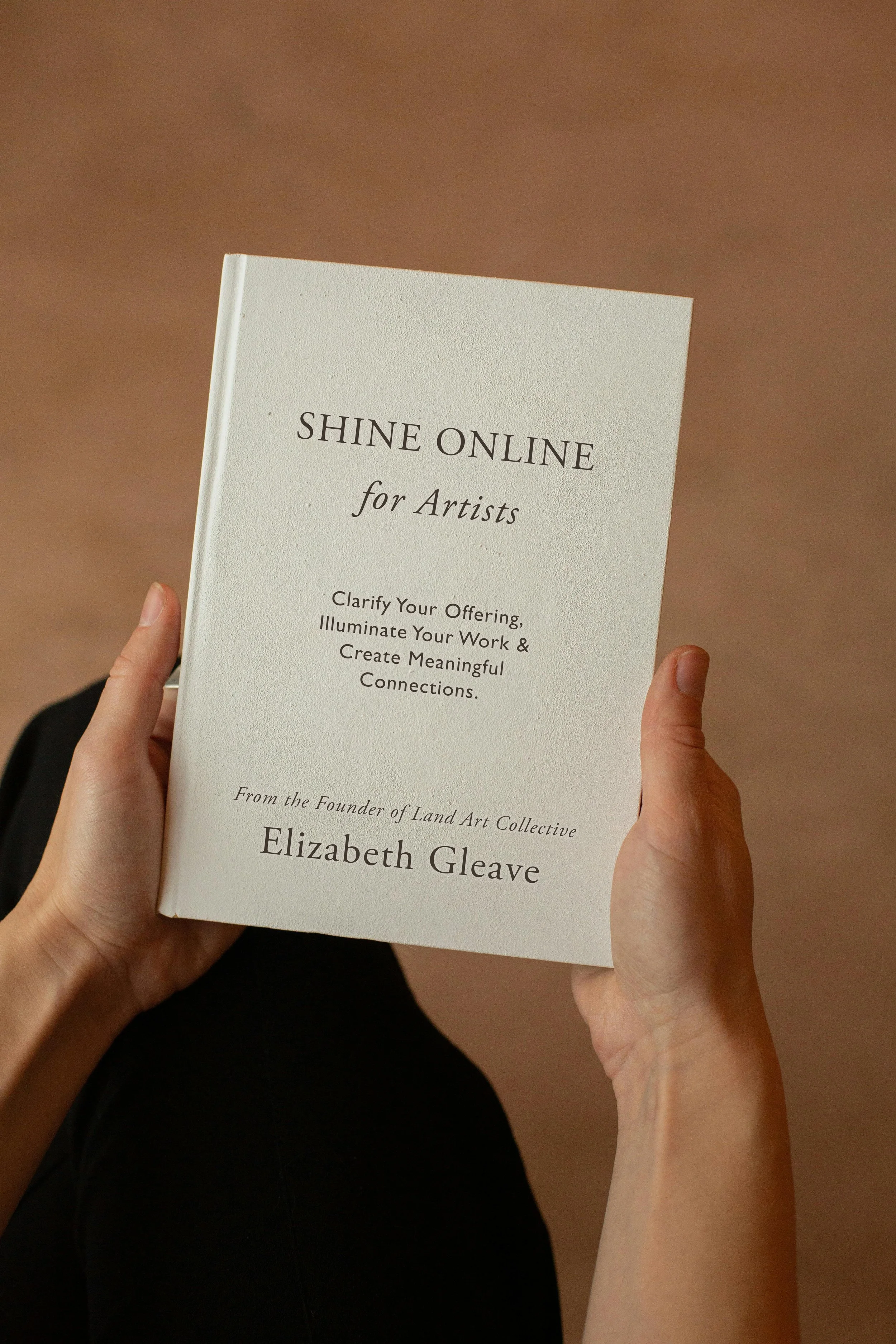 Person holding a book titled 'SHINE ONLINE for Artists' with subtitle and author information on a neutral background.
