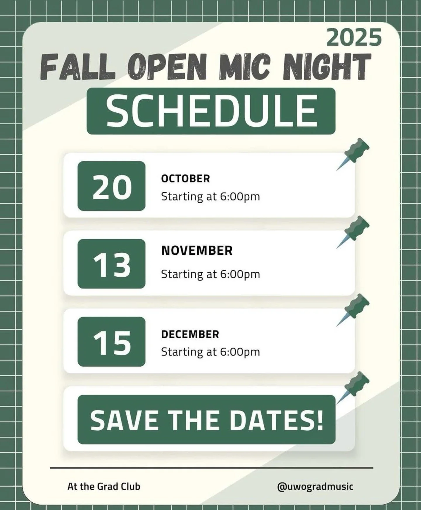 Mark your calendars! @uwogradmusic returns with Open Mic Nights every month this semester!

🎵October 20th
🎵November 13th
🎵December 15th

Starting at 6pm

Follow @uwogradmusic to keep an eye out for the sign-up sheets.