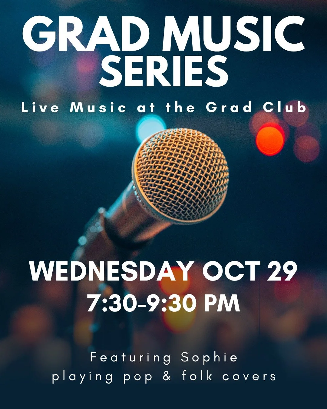 Introducing the Grad Music Series at the Grad Club! This new event series features live music performed by your fellow grad students. This week we welcome Sophie, who will be playing folk and pop covers!
Wednesday October 29th 
7:30-9:30pm
#gradlif