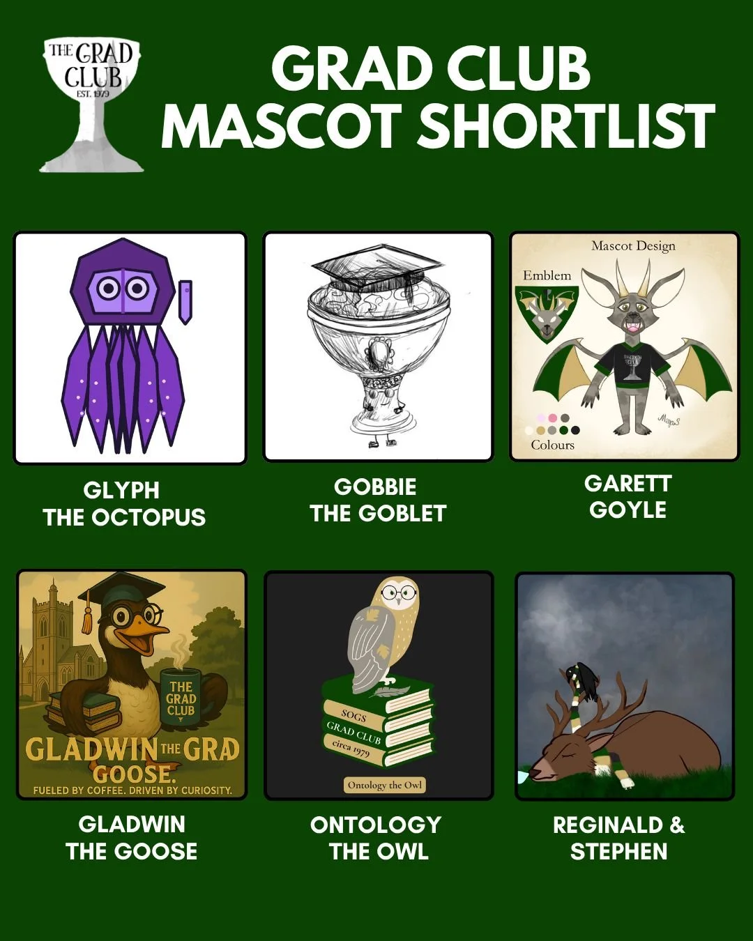 π£ The SOGS Grad Club Committee received some great mascot concept designs last month. Thank you to everyone who submitted mascot concepts. βΊοΈ
π The committee shortlisted 11 mascot designs. We need YOUR VOTE to pick the final mascot design! Select