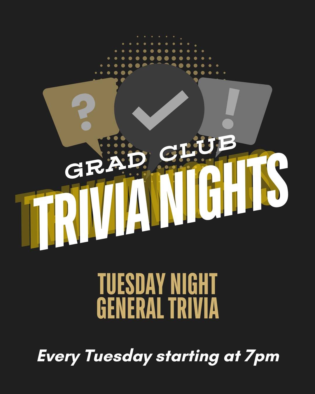 Did you know that general trivia at the Grad Club is a #GradLifeWesternU tradition?

Tuesday Night Trivia takes place at the the Grad Club every Tuesday evening, starting at 7pm. Join your fellow grads, Elizabeth and Connor, for advanced general triv
