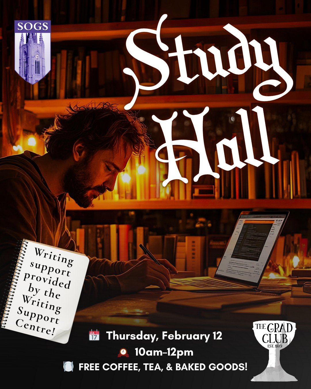 Do you need some support on your graduate writing journey? Do you have a hard time sitting down to write your thesis?
 
Join the SOGS Study Hall, hosted by the Academic Committee, for a monthly session of group writing! 💜
 
📆 Second Thursday of the