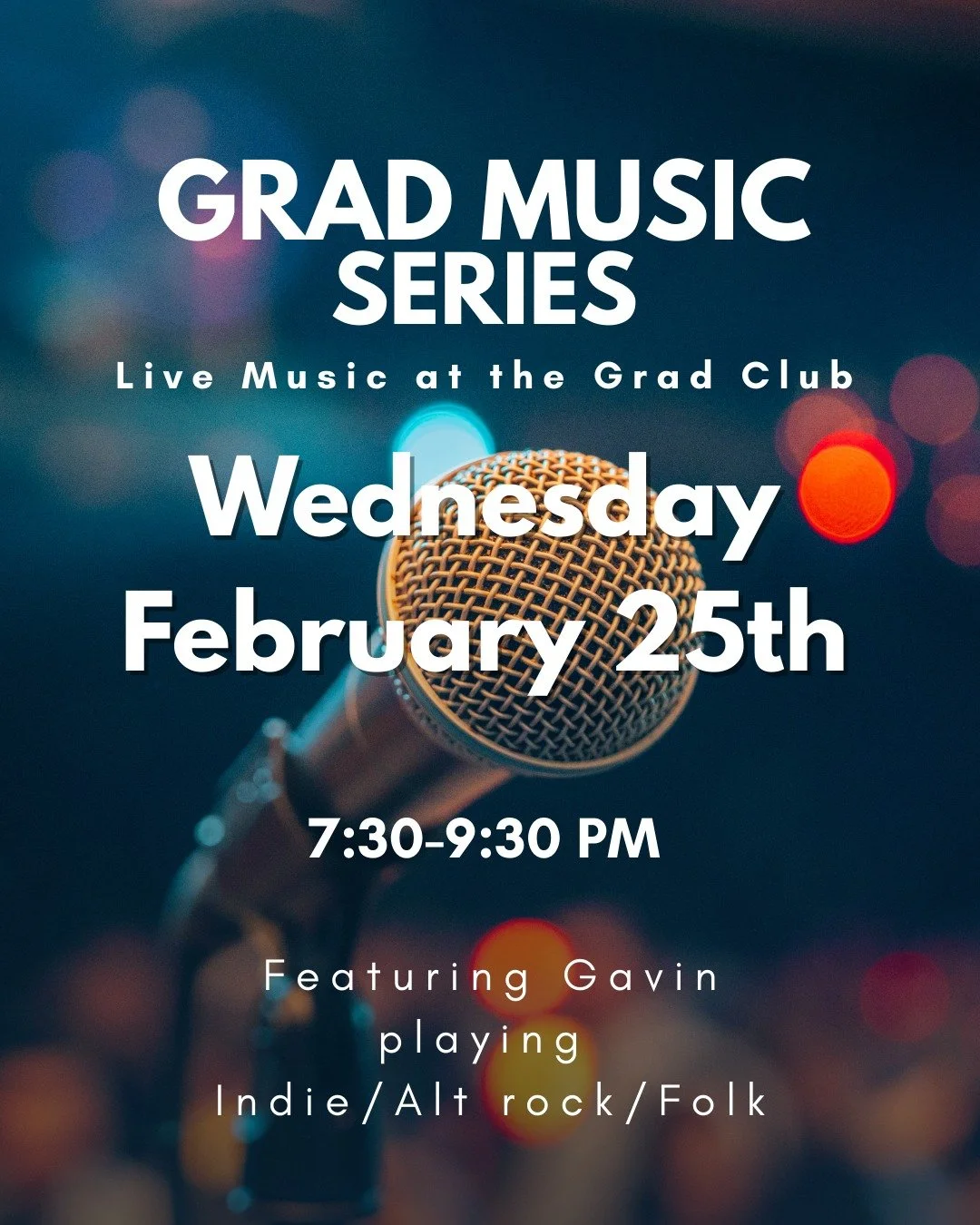 The Grad Music Series returns on Wednesday February 25th. Gavin will be playing indie, alt rock, and folk tunes, starting at 7:30pm. 

#gradlifewesternu