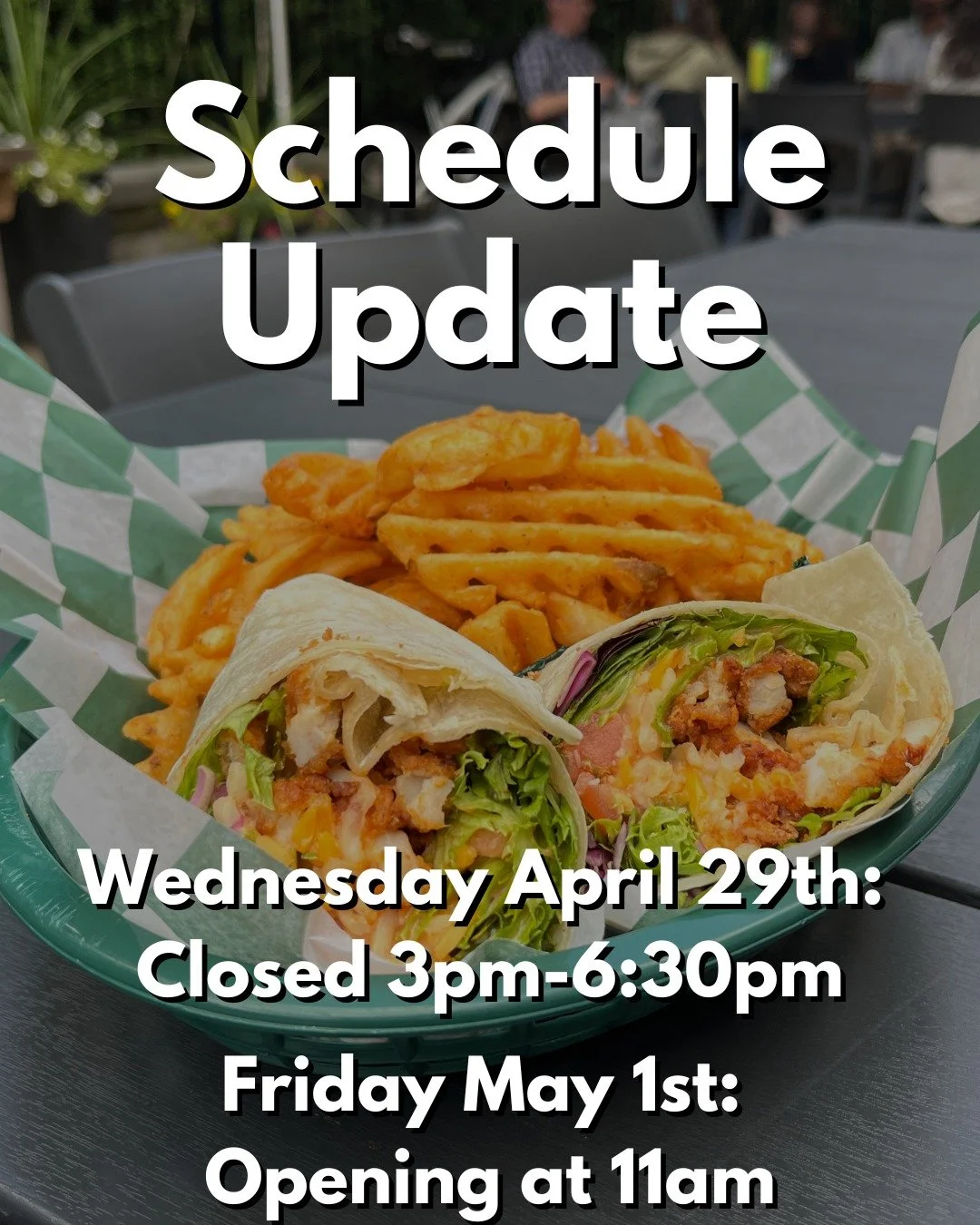 A couple of scheduling notes! 📋
Wednesday: We'll be closed from 3:00&ndash;6:30 PM for a private event.
Friday, May 1st: We'll be opening a little later than usual at 11:00 AM. 
Cheers! 🍻