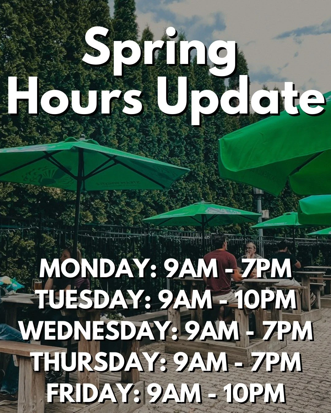 In with the new semester, and in with new Spring hours!

Starting Monday May 4th, our hours are as follows:

MONDAY: 9AM - 7PM
TUESDAY: 9AM - 10PM
WEDNESDAY: 9AM - 7PM
THURSDAY: 9AM - 7PM
FRIDAY: 9AM - 10PM

See you at the Grad Club!