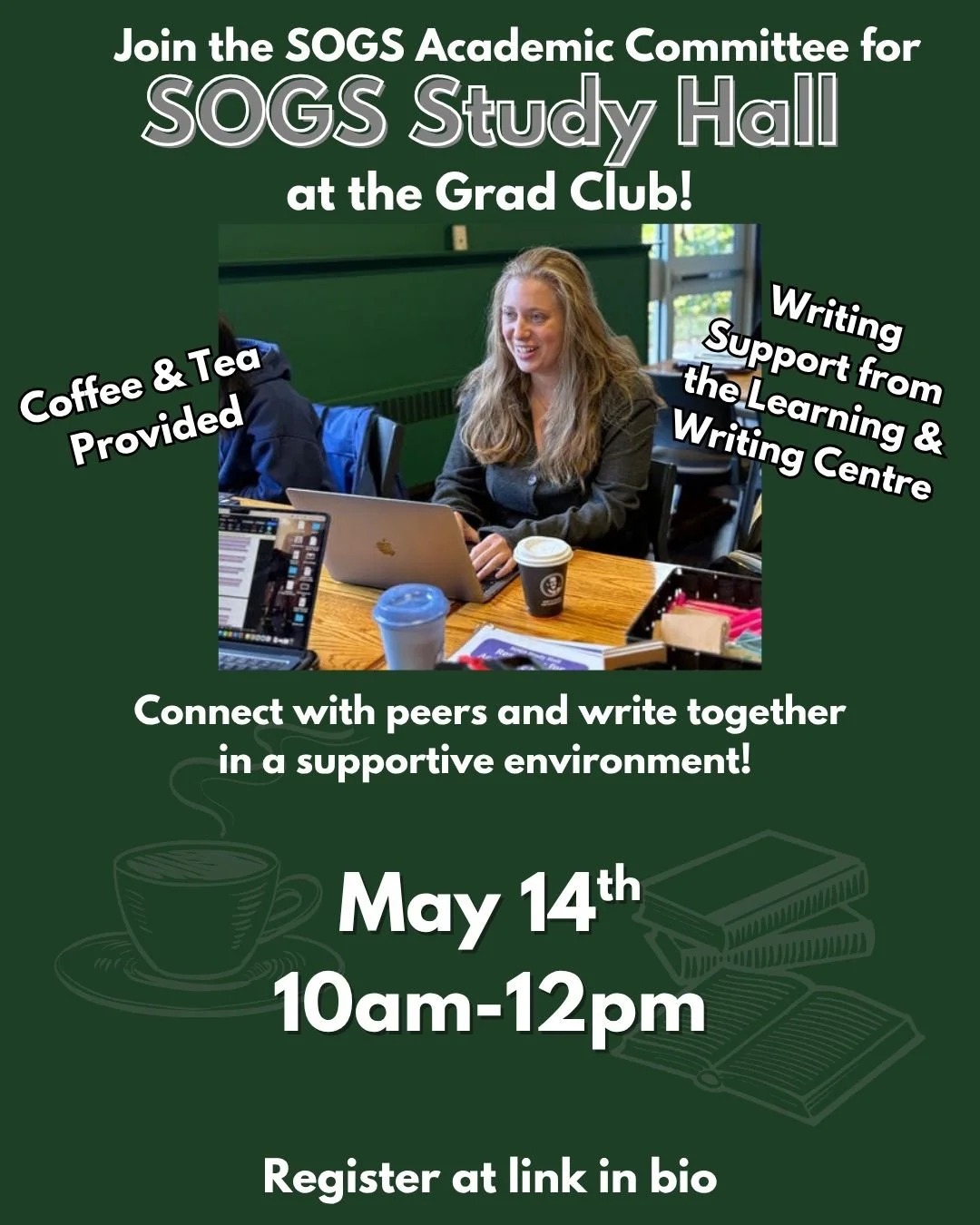 Do you need some support on your graduate writing journey? Do you have a hard time sitting down to write your thesis?
 
Join the SOGS Study Hall, hosted by the Academic Committee, for a monthly session of group writing!
 
📆 Thursday May 14th
🕰️ 10 