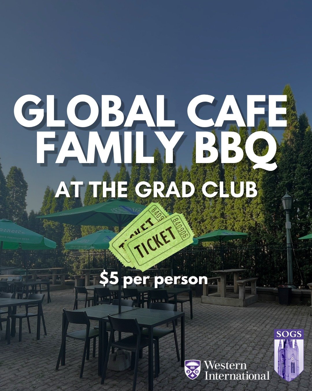 Join the SOGS International Commission and Western International for a GLOBAL CAFE summer BBQ at the Grad Club for international grads and their families.

📆 Thursday, June 25th
🕰️ 3 pm to 5 pm
🎟️ Tickets are $5 per person

SOGS and Western Intern