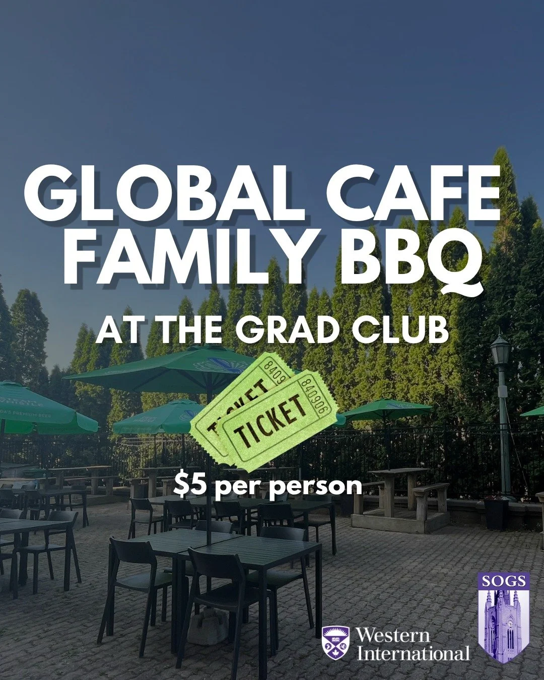 Join the SOGS International Commission and Western International for a GLOBAL CAFE summer BBQ at the Grad Club for international grads and their families.

📆 Thursday, June 25th
🕰️ 3 pm to 5 pm
🎟️ Tickets are $5 per person

SOGS and Western Intern