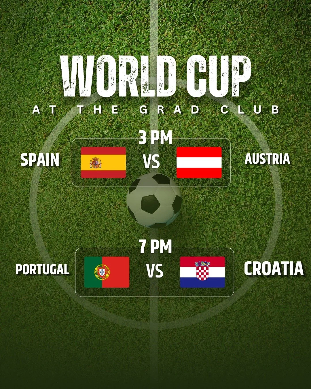 Back at it Thursday. ⚽ The Grad Club has the World Cup Round of 32 on Thursday, July 2nd, 2026.

🇪🇸 SPAIN vs AUSTRIA 🇦🇹 | 3 p.m.

🇵🇹 PORTUGAL vs CROATIA 🇭🇷 | 7 p.m.