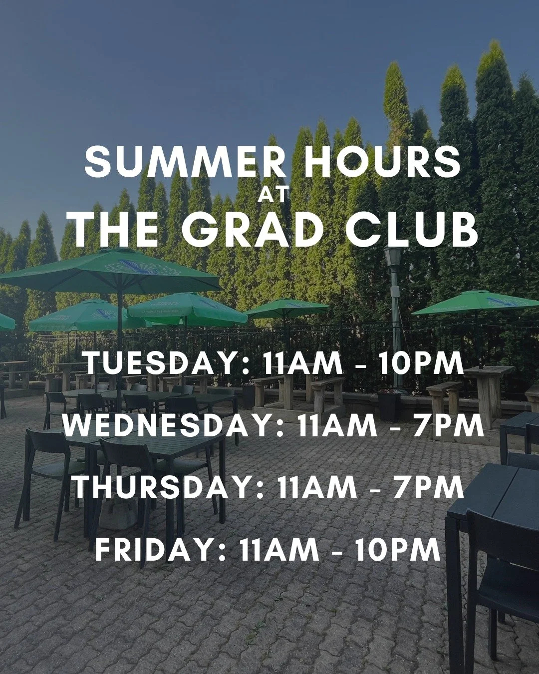 Starting July 6th, we'll have new Summer Hours for the rest of the semester. 

TUESDAY: 11 a.m. - 10 p.m.
WEDNESDAY: 11 a.m. - 7 p.m.
THURSDAY: 11 a.m. - 7 p.m.
FRIDAY: 11 a.m. - 10 p.m.