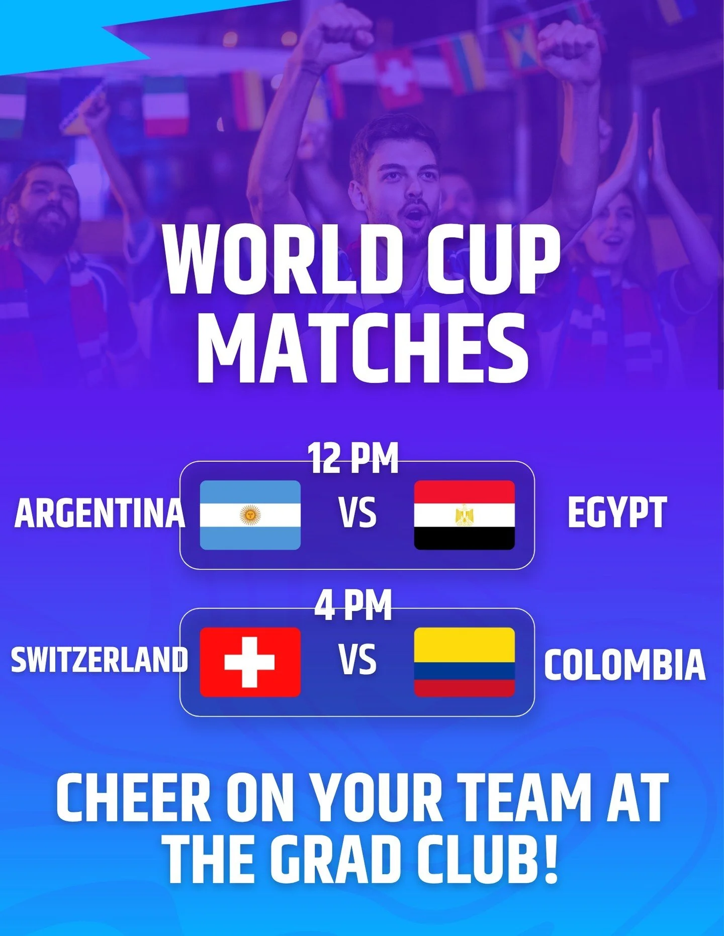 ⚽Two matches today: 

Argentina VS Egypt @ 12 p.m.

Switzerland VS Colombia @ 4 p.m.

Cheer on your team at the Grad Club!

#GradLifeWesternU