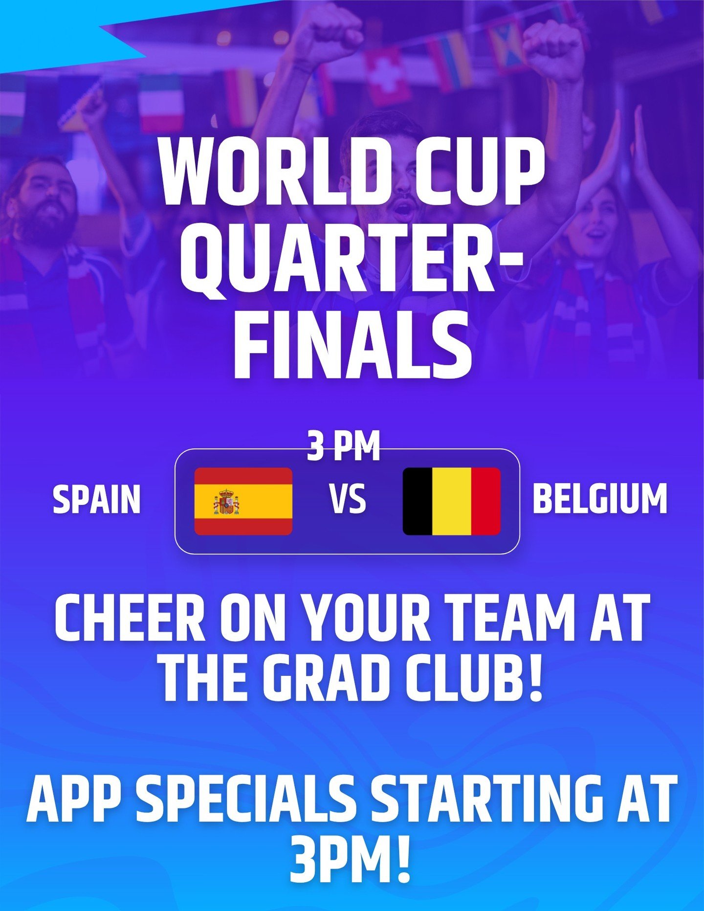 Quarter-finals are here! 

Watch Spain VS. Belgium at 3 p.m. at the Grad Club!

We have appetizer specials starting at 3 p.m., and you can enter to win a Team Canada jersey! Details at the Grad Club.