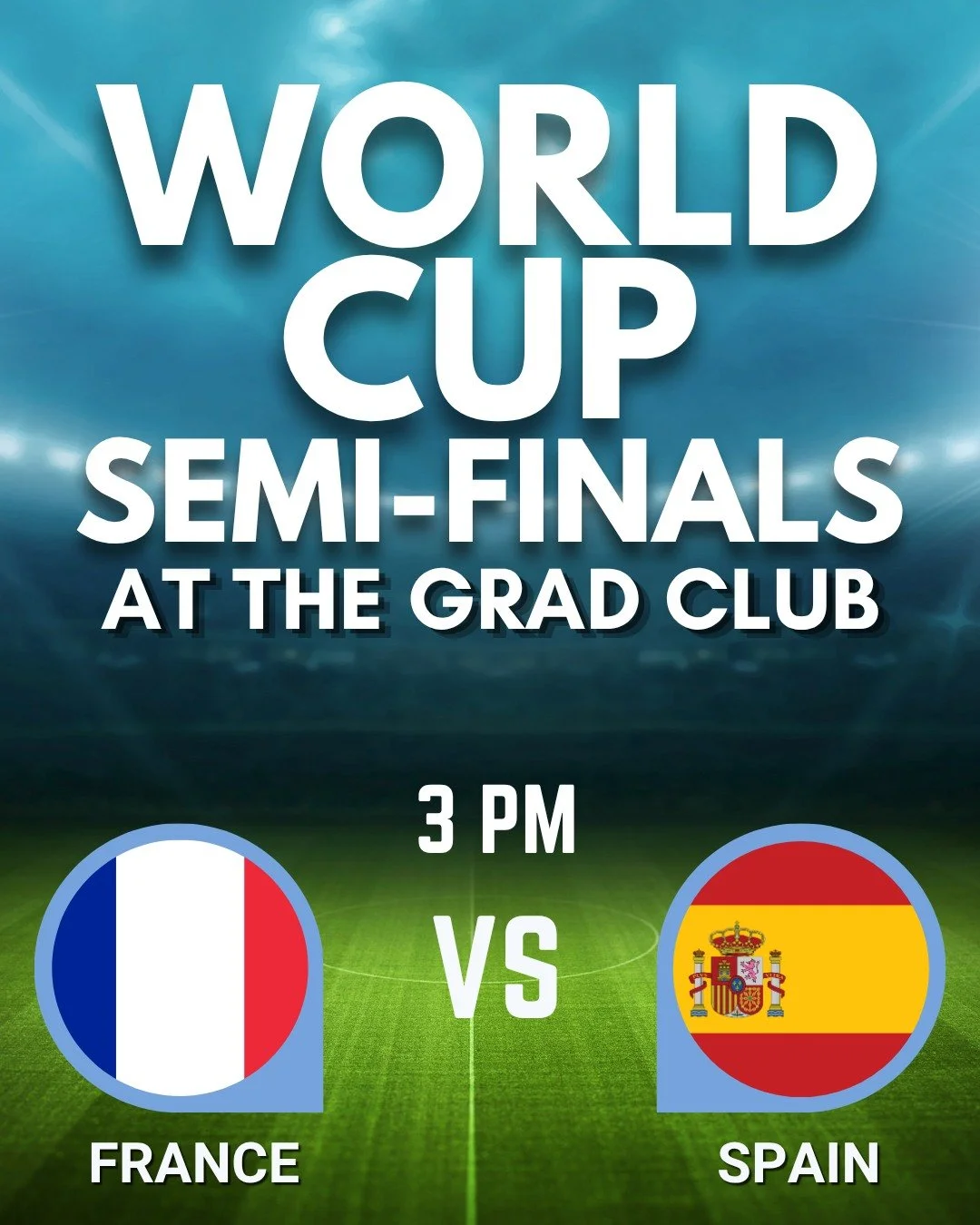 It's the FIFA World Cup semi-finals! Watch at the Grad Club!

Tuesday, July 14th: 
🇫🇷 France VS. 🇪🇸 Spain at 3 p.m.

We've got the game on all screens (including the projector!) and appetizer specials from 3 p.m. until close!

#ldnont #gradlifewe