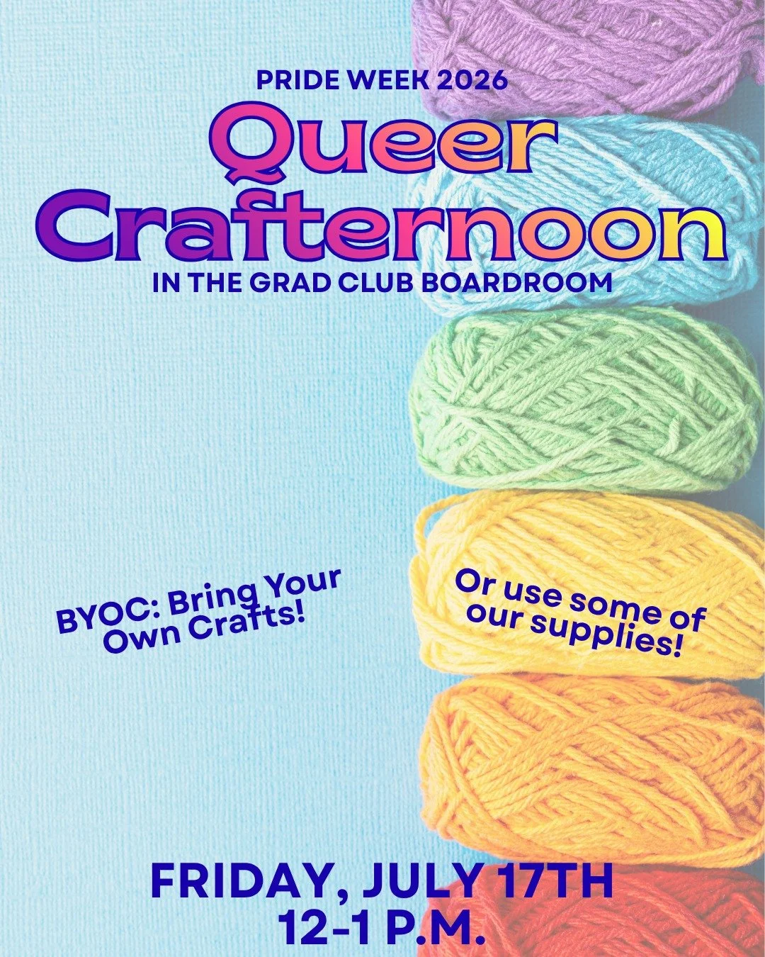 🧶 Whether you&rsquo;re into fibre art, button making, painting, or drawing &ndash; come create art with other 2SLGBTQ+ grad students!

Friday, July 17th from 12-1 p.m. in the Grad Club Boardroom

BYOC &ndash; Bring your own crafts, or use some of ou