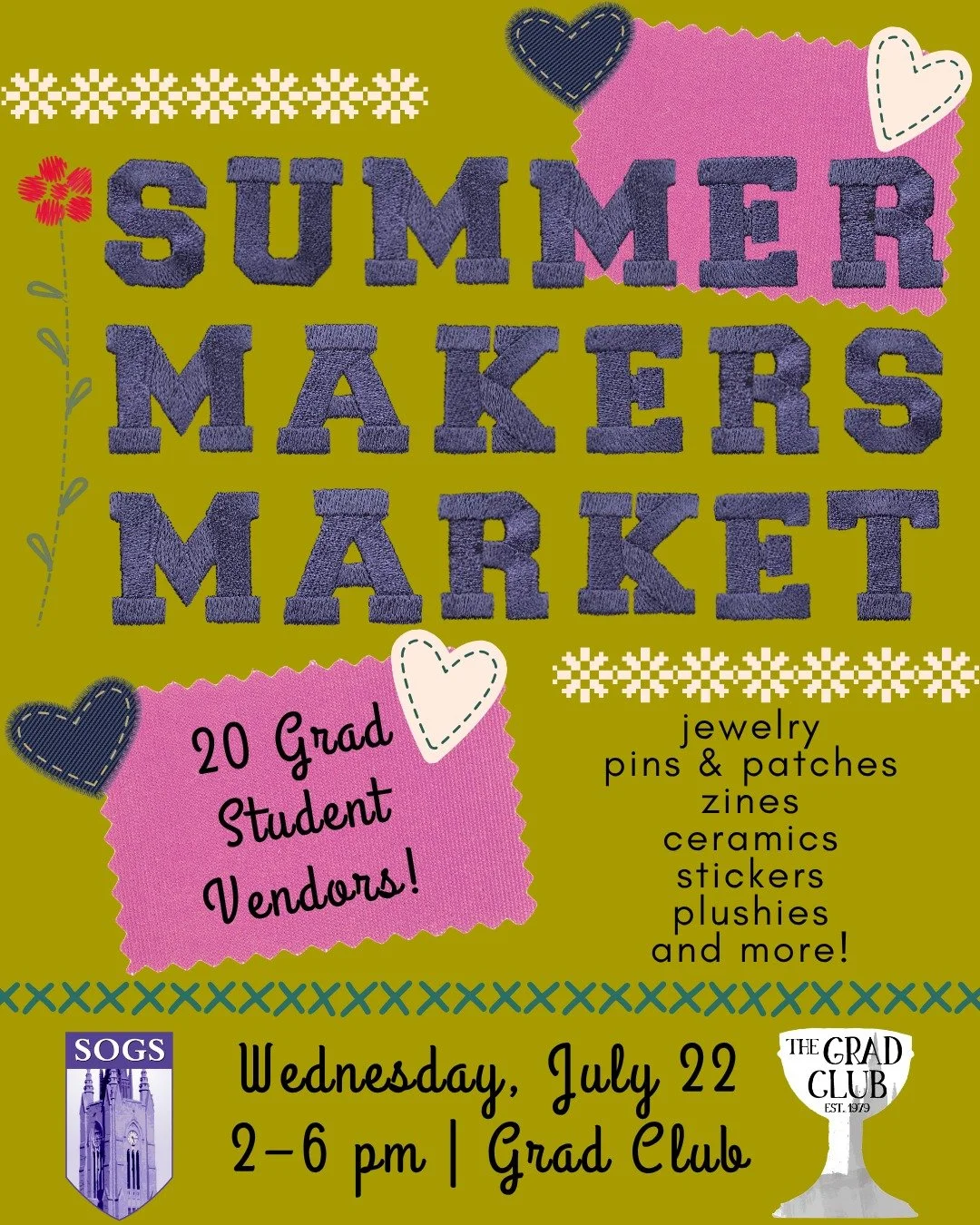 🎨 Join the Graduate Peer Support Committee for a showcase of graduate student artisan talent at the Summer Makers Market! 

🧶 Twenty grad student vendors will be selling their art, handmade crafts, curated collections, and more! Vendors will be sel