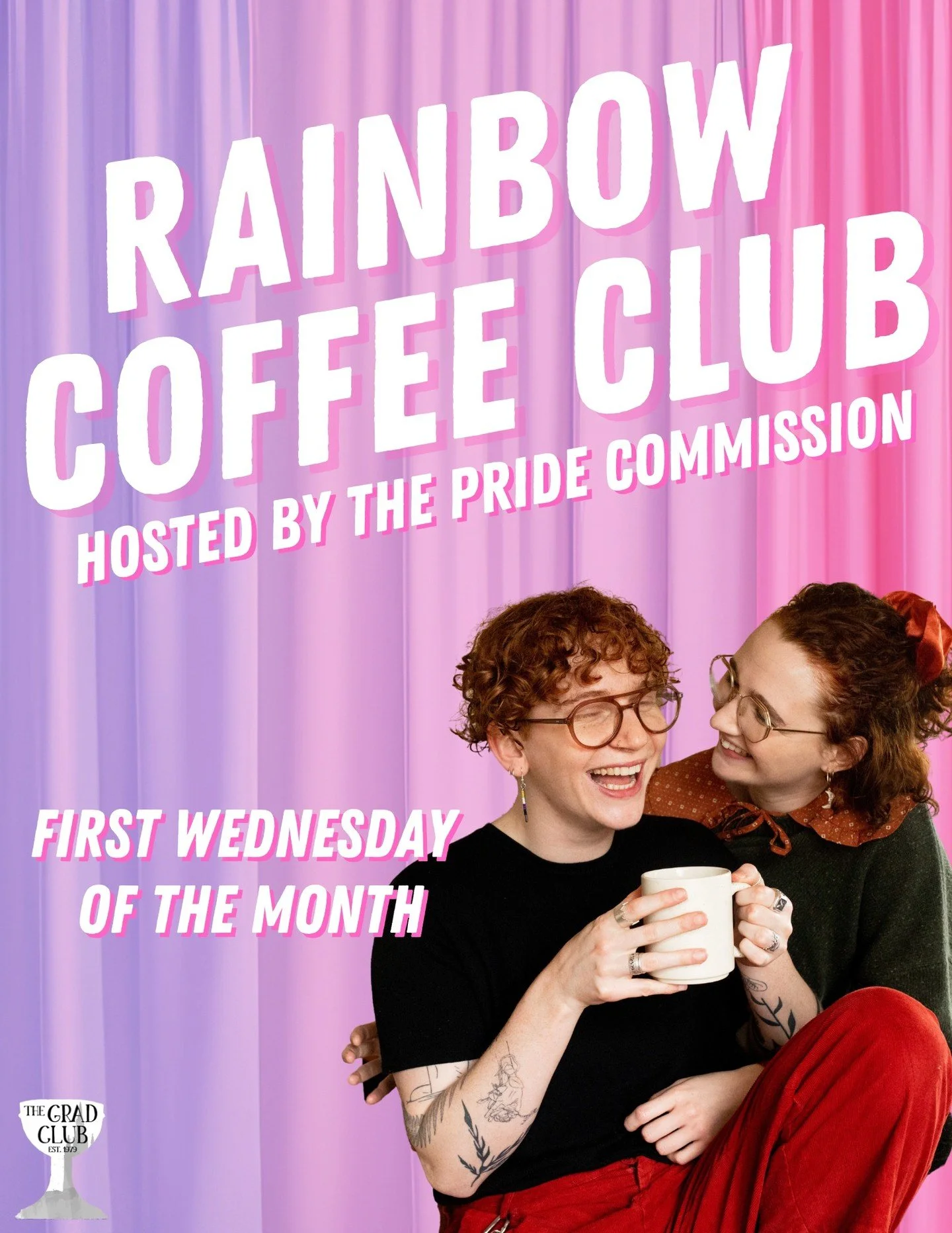 The first Wednesday of every month is the meeting of the Rainbow Coffee Club, hosted by the SOGS Pride Commission. Meet up with us in the Grad Club boardroom from 11 a.m. - 12 noon for free coffee/tea and great conversation with new queer friends. 

