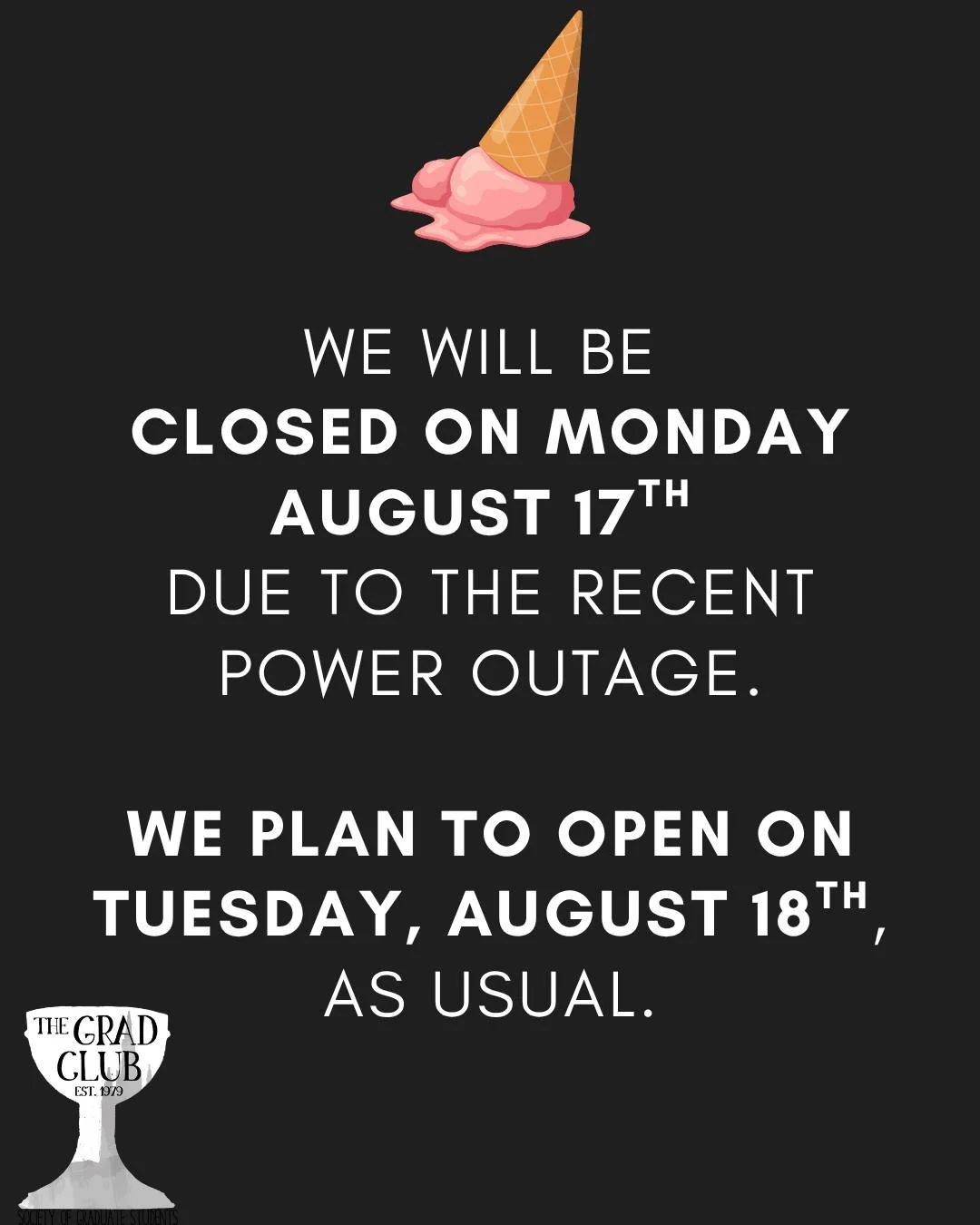 We will be CLOSED on Monday, August 17th due to the power outage in the building over the last few days.

We apologize for any inconvenience. 

We plan to open on Tuesday, August 18th, as usual.