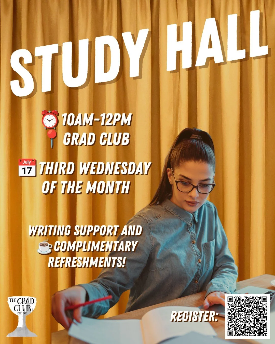 📚 SOGS Study Hall

📆 Third Wednesday of the month
⏰ 10 a.m.&ndash;12 p.m.
📍 The Grad Club

Hosted by the Academic Committee, SOGS Study Hall is a monthly group writing session for graduate students working on thesis and dissertation writing. Compl
