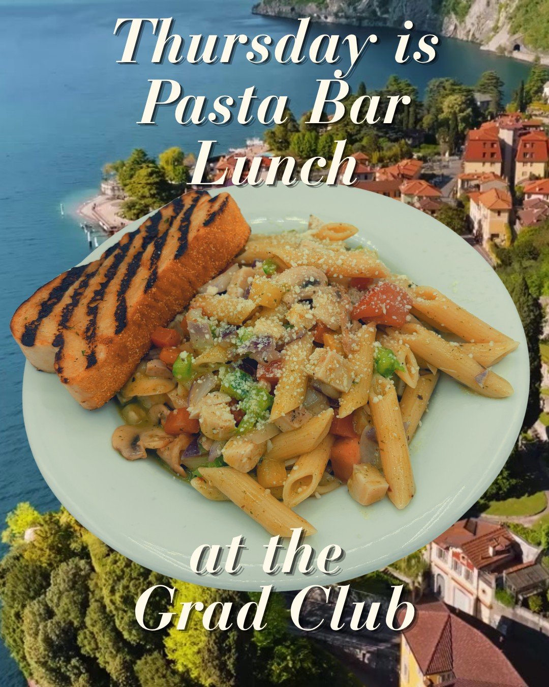 🍝 Thursday is Pasta Bar Lunch at the Grad Club! 🍝

🥕 Choose your veg and proteins
🍅 Choose your sauce: tomato, cream, pesto, or a mix
🧄 Comes with a slice of garlic bread

📆 Every Thursday, 11 a.m. - 2 p.m.
💵 $15.50 plus tax