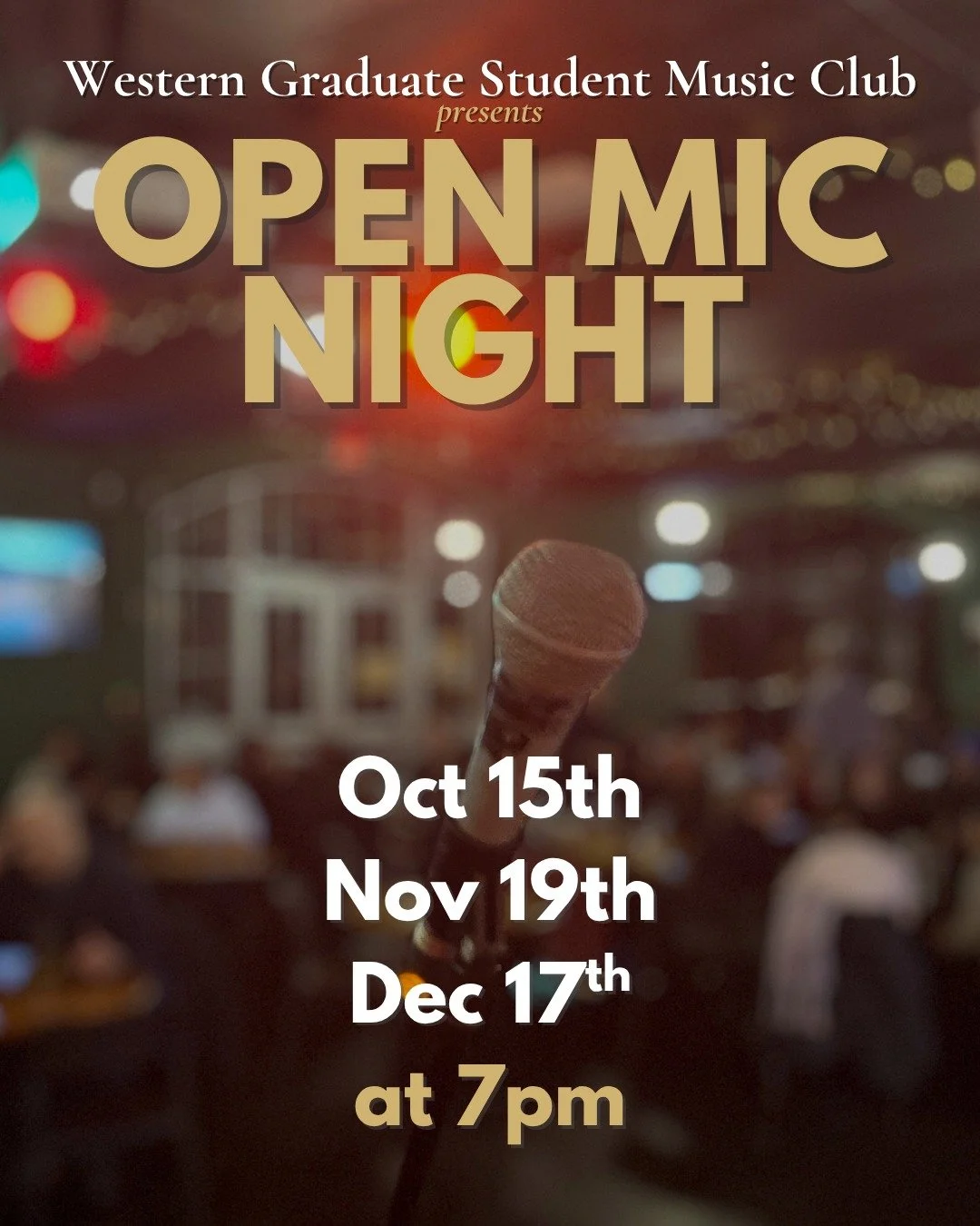 🎤 Every third Thursday, the Western Graduate Students&rsquo; Music Club hosts Open Mic Night on our stage, starting at 7 p.m. 🎶

🍂 Fall dates:

🎃 October 15th
🍁 November 19th
❄️ December 17th

👉 Learn more and sign up to perform at the Western 