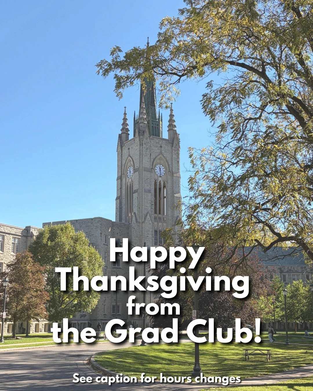 Programming note from the Grad Club for Thanksgiving and Fall Reading Week: 

🎤Karaoke is cancelled tonight, Friday, October 9th.

🦃The Grad Club is closed Monday, October 12th, for Thanksgiving.

Later in the week, we're closing early at 9 p.m. on