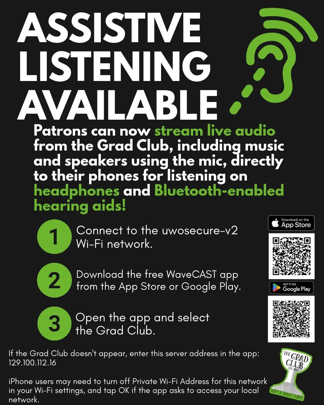 🎧 Assistive listening is now available at the Grad Club!

Our new sound system lets you stream live audio straight to your phone, so you can catch every question at trivia night, follow along with speakers at events, or listen to the music through y