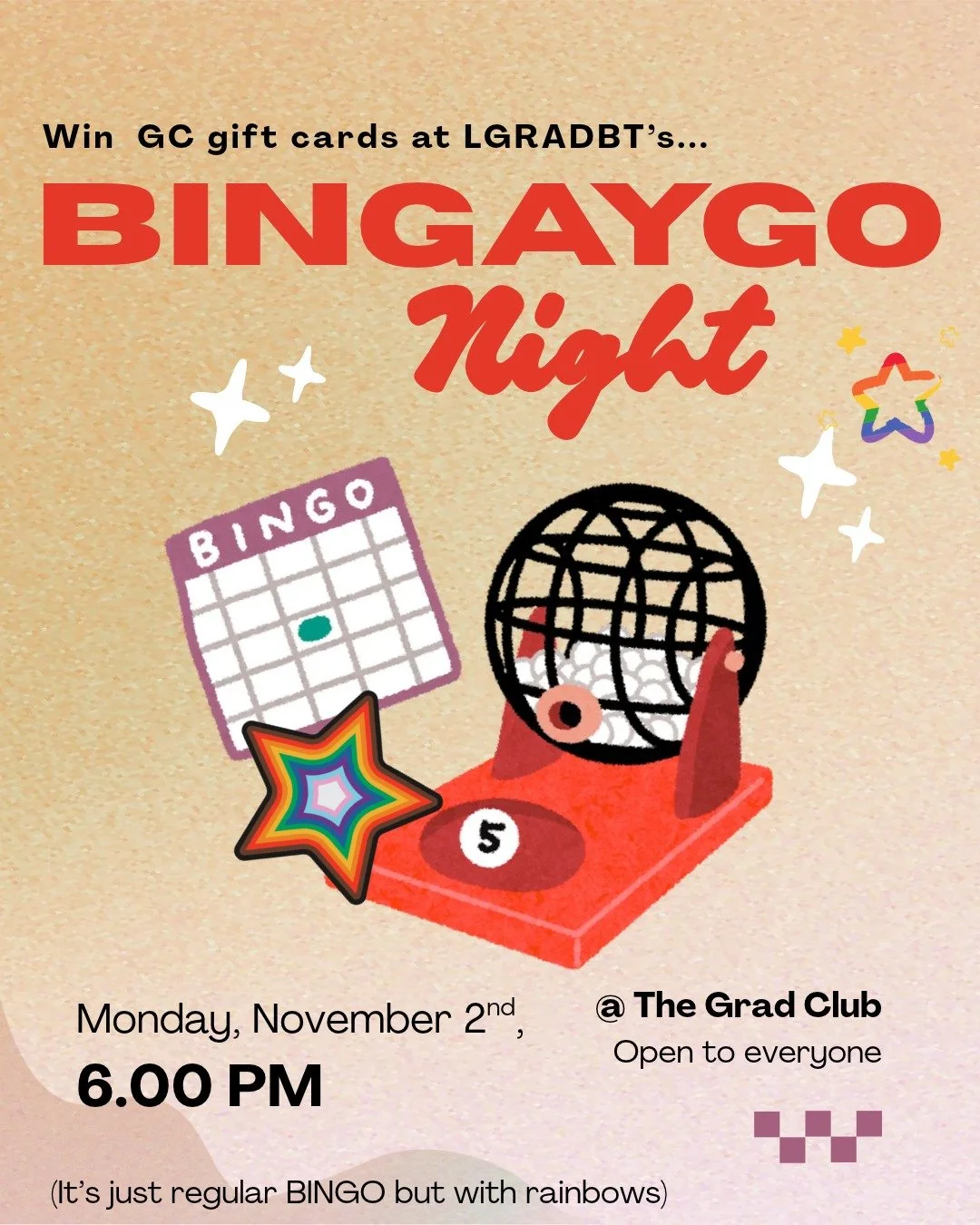 Join @lgradbtuwo for a super fun night of BINGAYGO. What is bingaygo, you ask? It's where we play BINGO, but with rainbows! All are welcome to attend. 💜

💰Cash prizes ➡️ $5 Grad Club gift vouchers for round winners generously supported by @westerns