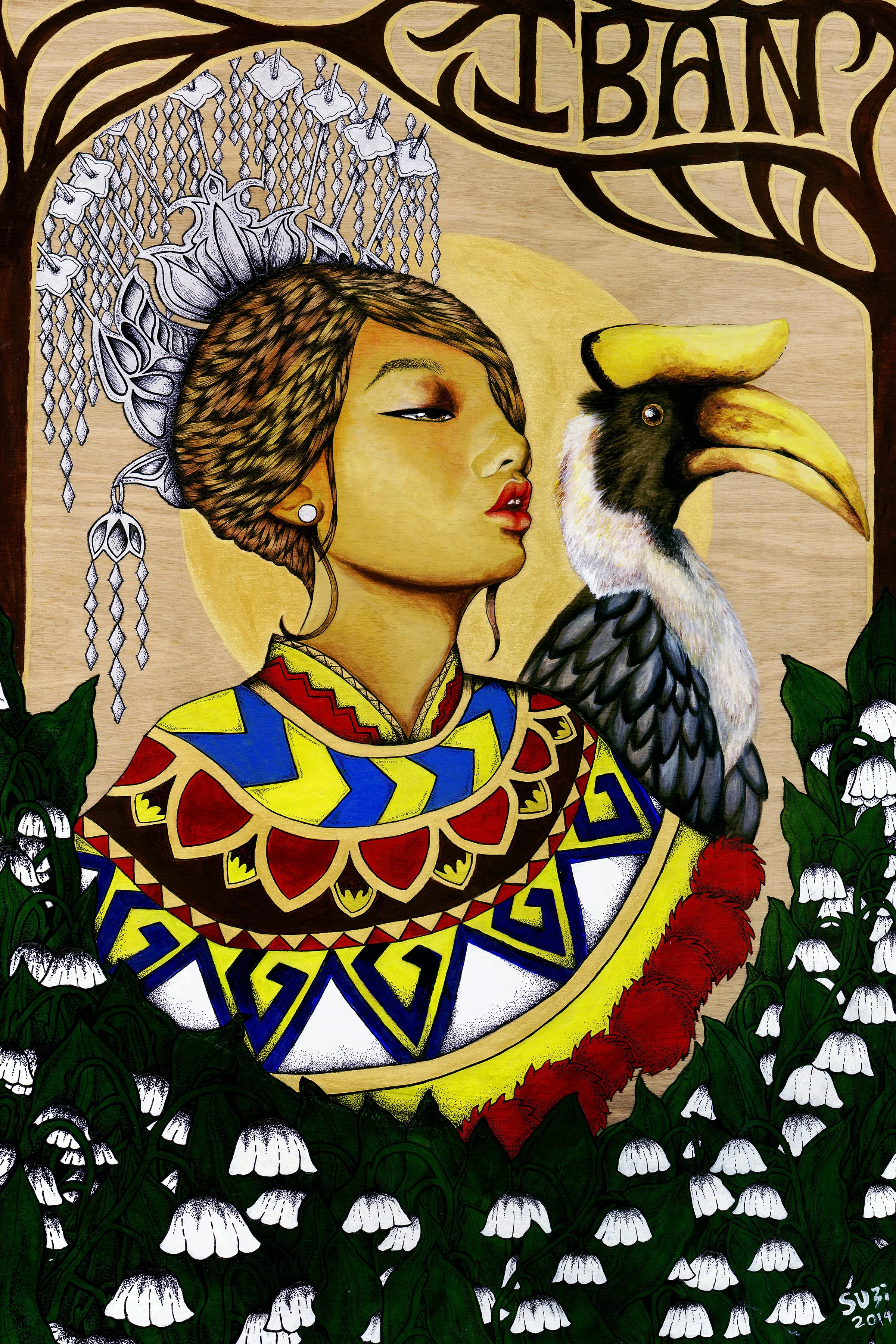 Iban. Acrylic and Pen on Plywood. 600mm x 900mm.