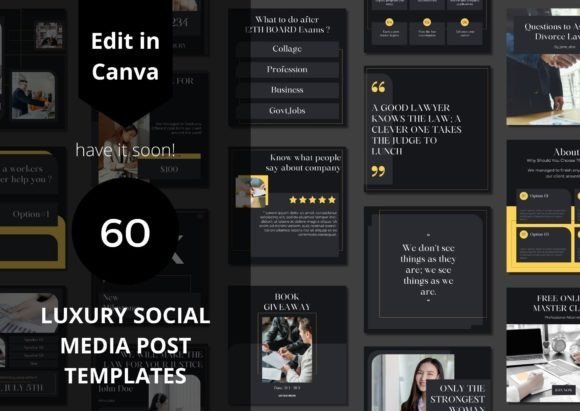 60 Black & White Luxury Instagram Templates | Social Media Marketing Canva Templates| Instagram posts for your online business|