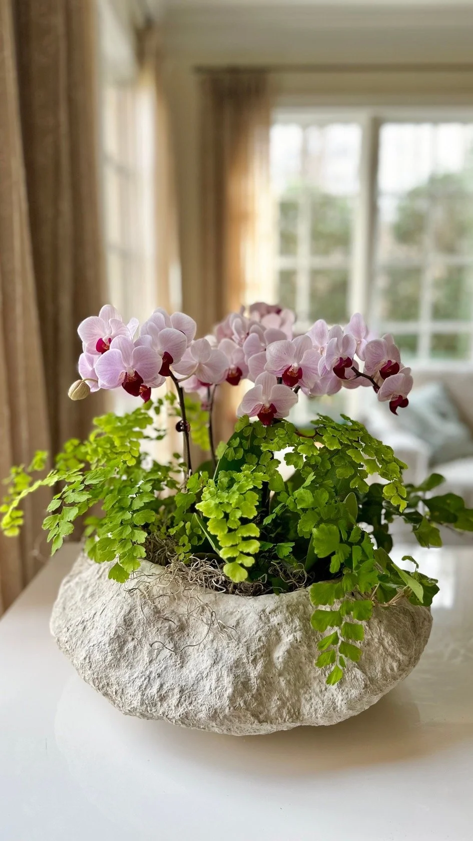 Faux Stone Bowl of Orchids, Ferns, and Ivy