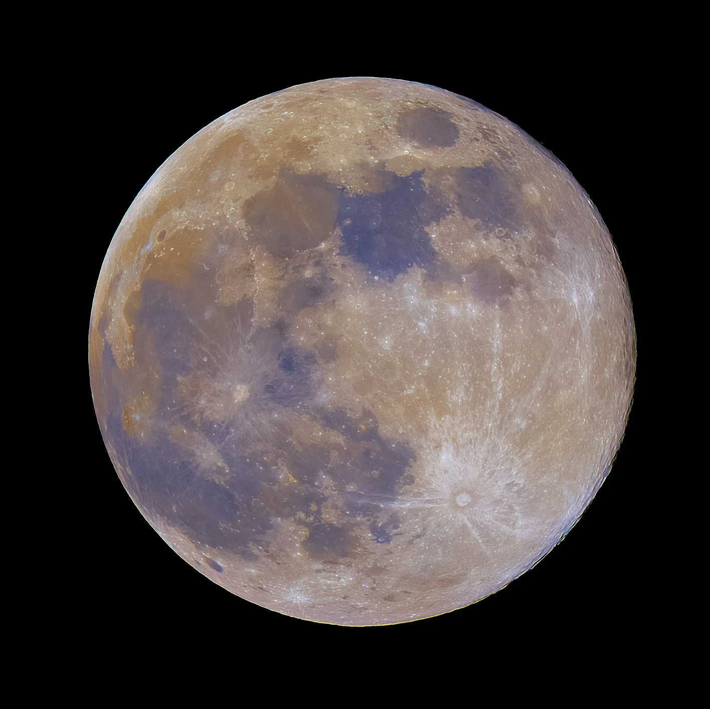 Full Moon with colors indicating mineral composition of the lunar surface.