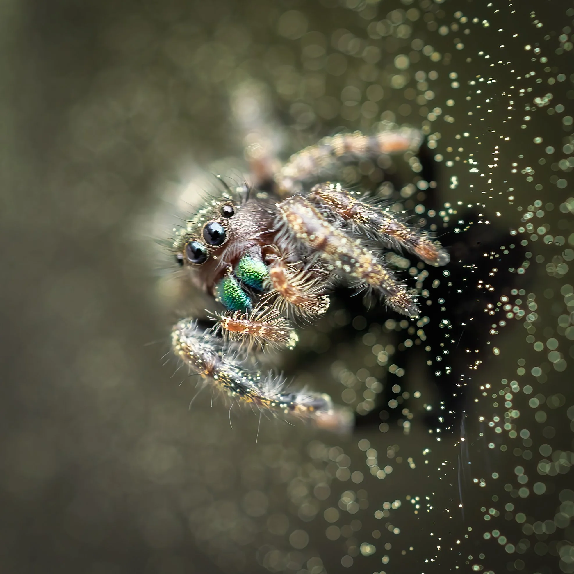 Bold Jumping spider covered in pollen, Virginia.