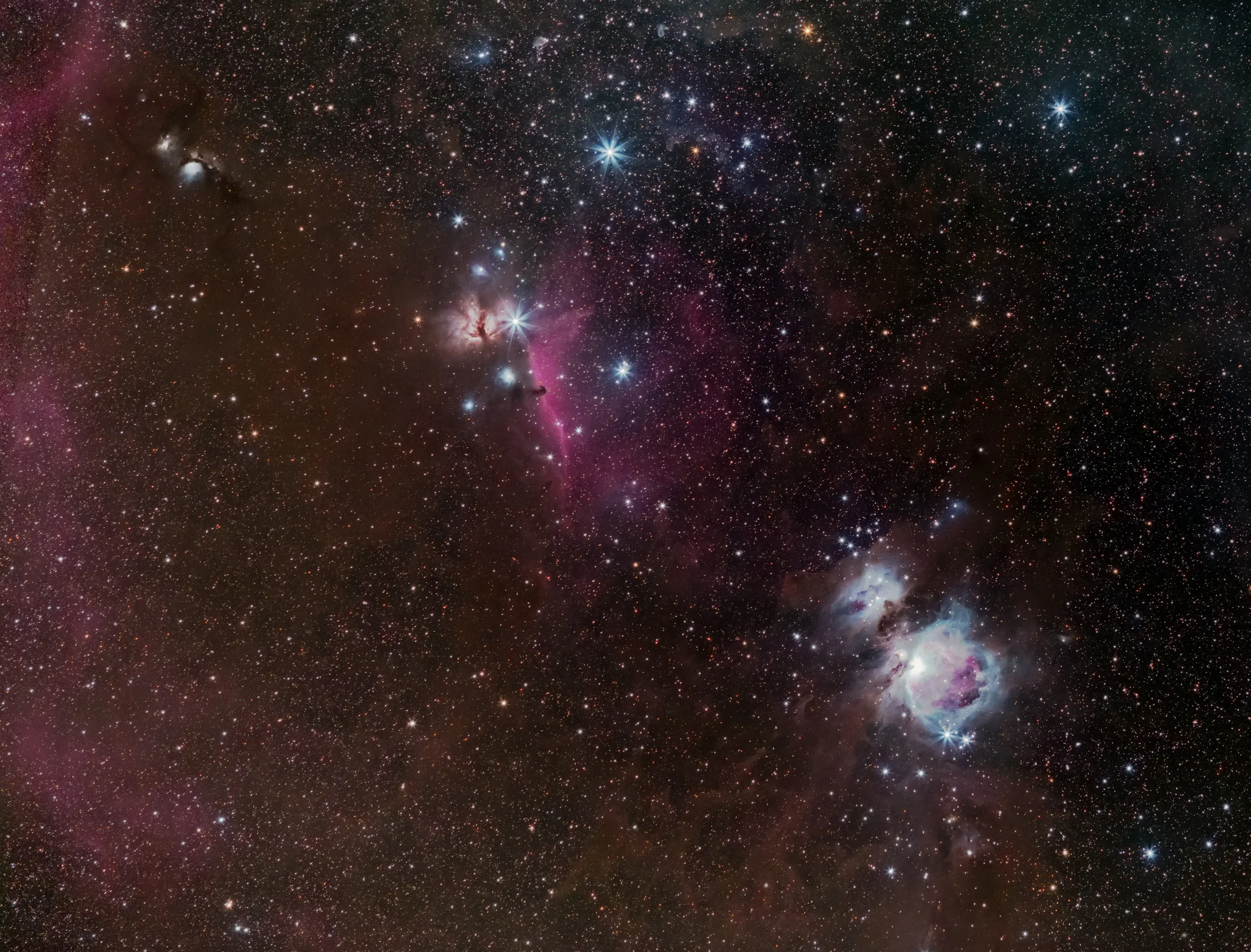 Central region in Orion constellation, also known as Orion's Belt and Sword - one of the most colorful region in the Winter night sky ! 
A celestial explosion of colors generated by stars, emission and reflection nebulae ! From left-to-right: Barnard