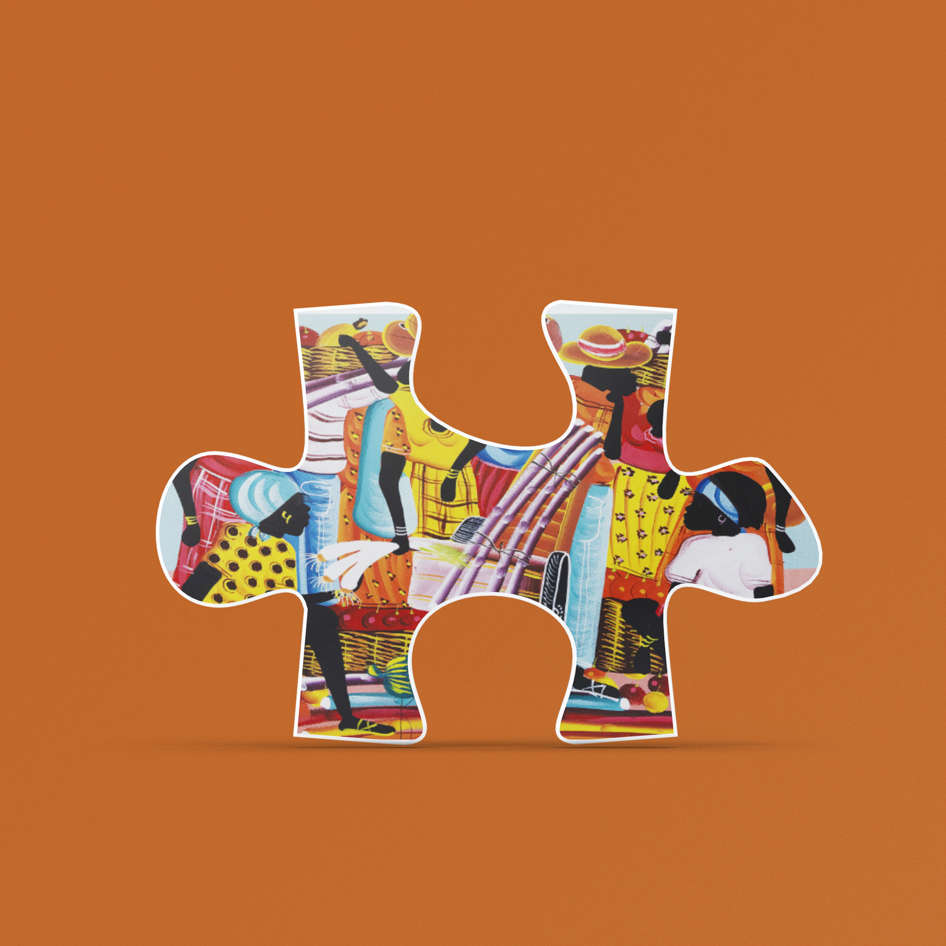 Haitian Market Scene Jigsaw Puzzle in Tin — Colorful Haitian Art Puzzle