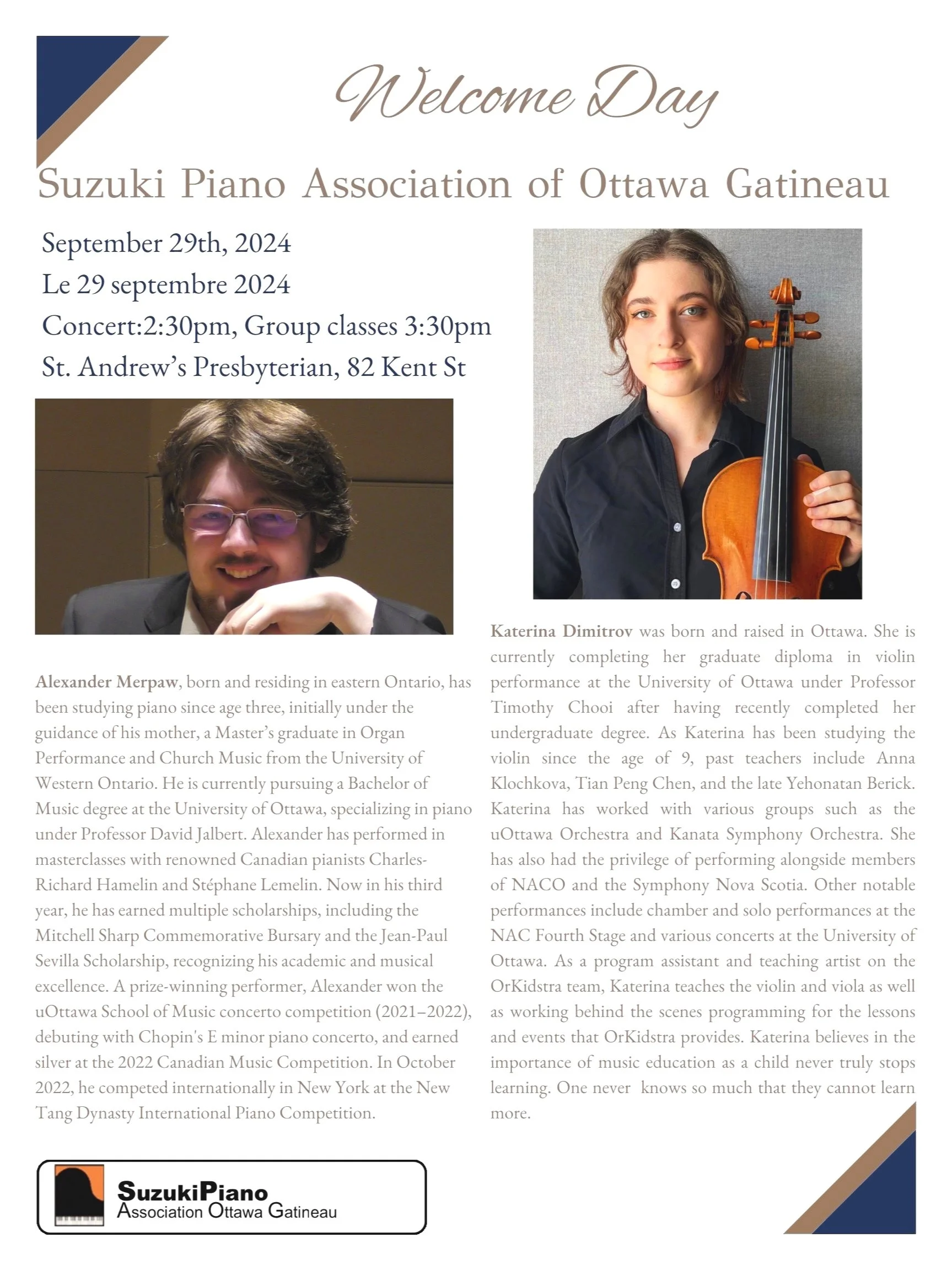 Welcome Day 2024- Alexander Merpaw and Katia Dimitrov Violin and Piano at 2:30pm