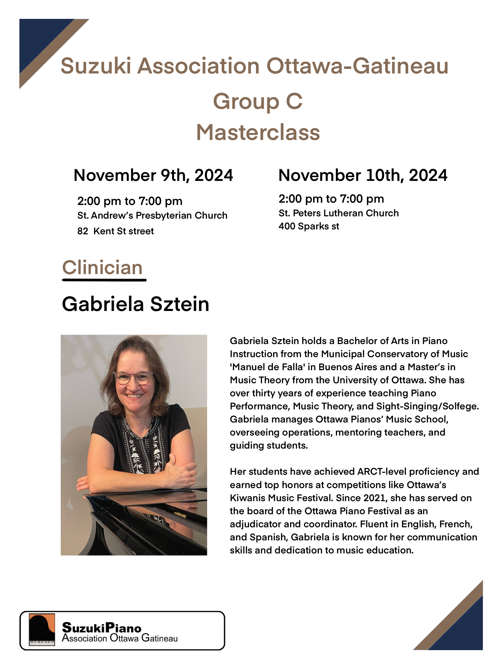 Group C- Fall Festival Masterclass with Guest Clinician Gabriela Sztein and PAOG Staff- November 9th from 2:00-7:00pm at St. Peter’s Lutheran Church