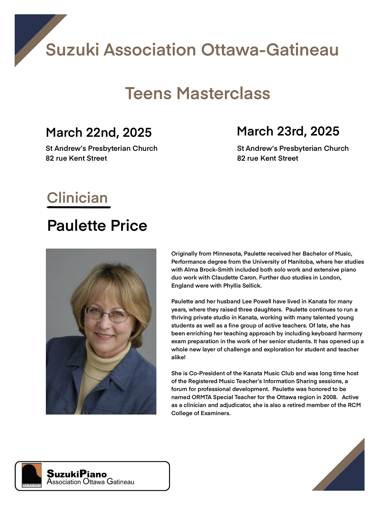 Group C- Spring Festival Masterclass with Guest Clinician Paulette Price- March 22nd and 23rd, 2025 from 2:00-7:00pm at St. Andrew’s Presbyterian Church