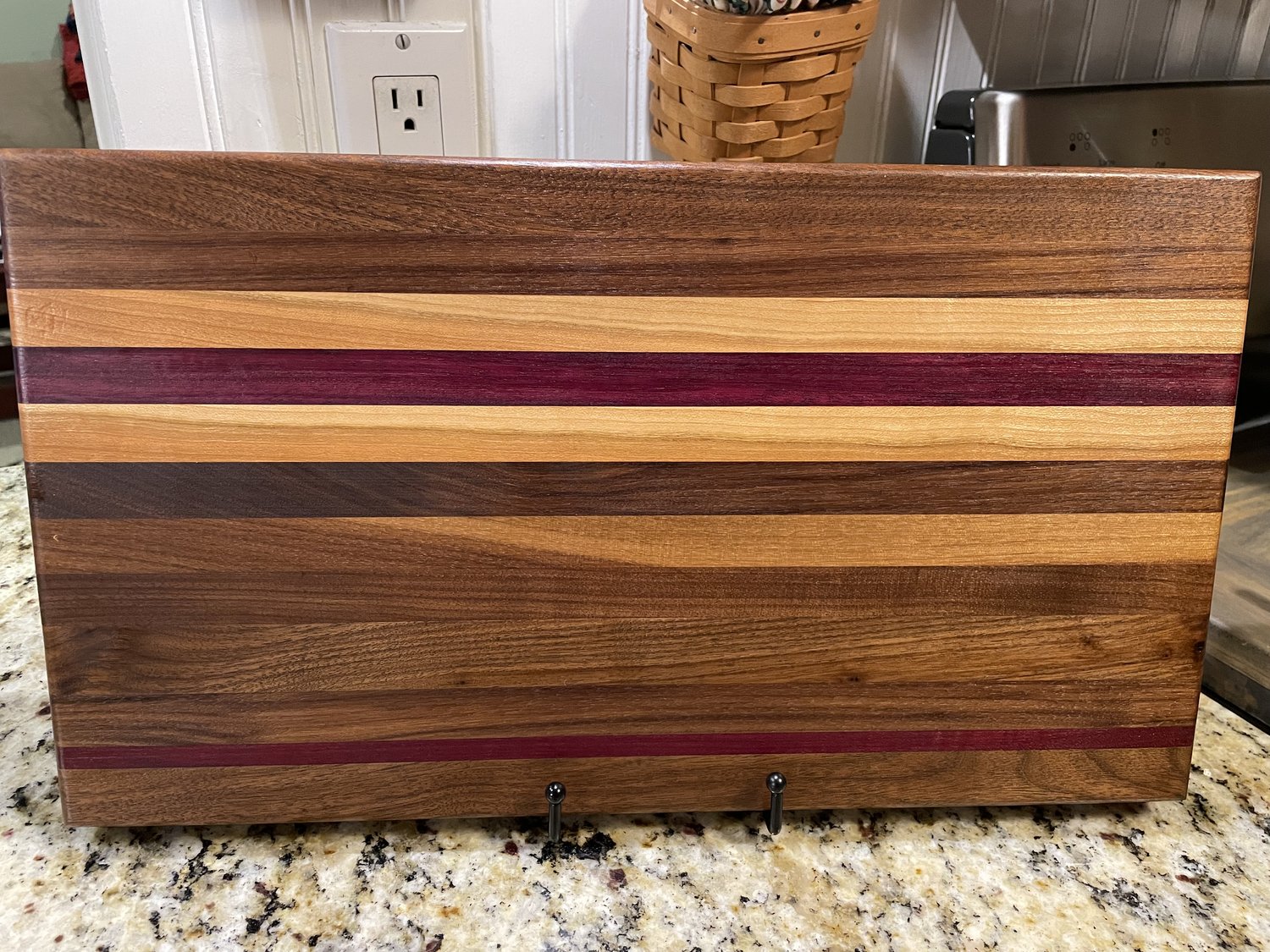 Montana Made Cutting Board with Handle in Walnut, Purpleheart and