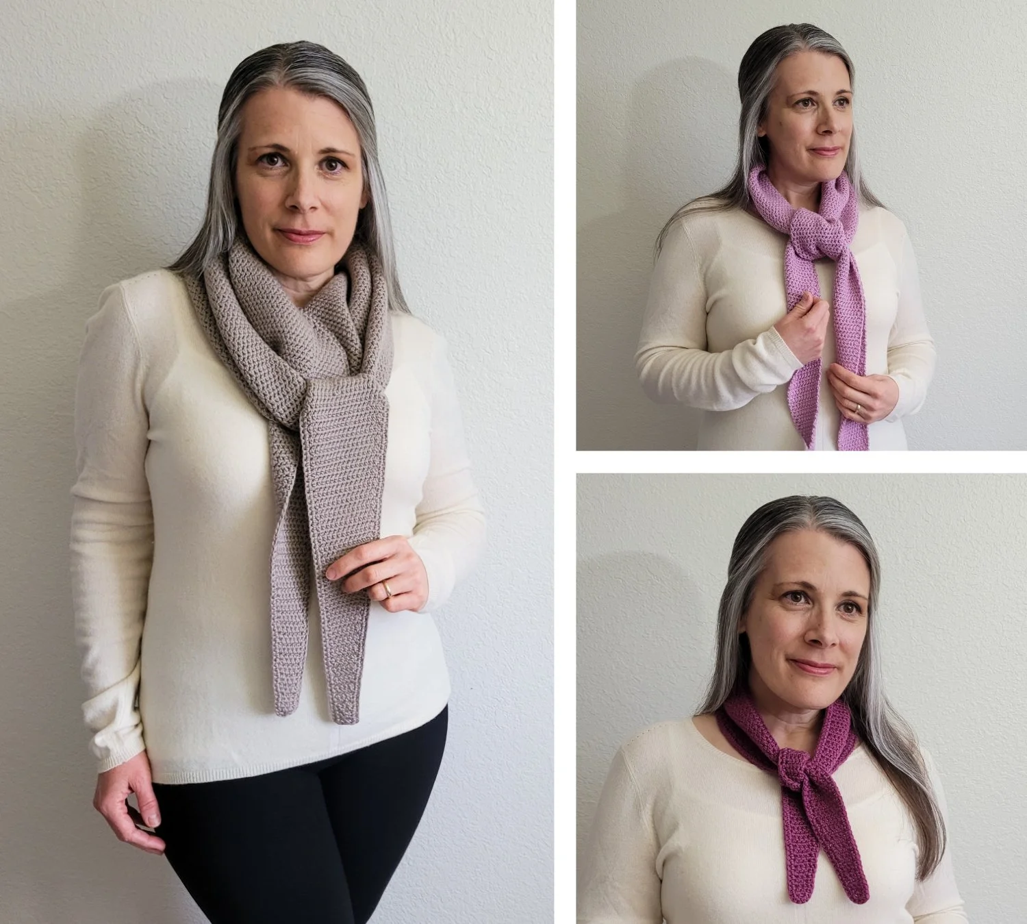 A collage of three photos, featuring a woman with long, gray hair in a white long-sleeve fitted sweater. In the tall photo at left, a grayish beige shawl is wrapped casually several times around the woman's neck and tied in the front. In the photo