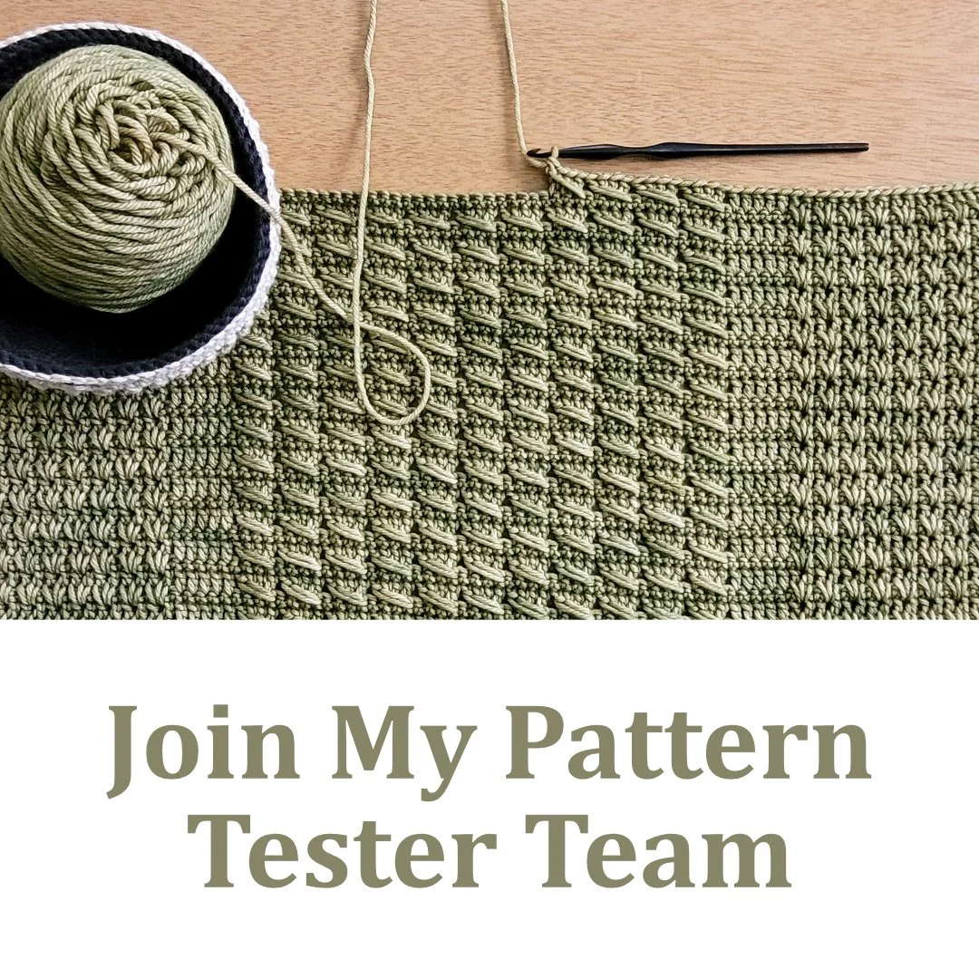 At top, a photo of a highly textured crochet blanket in progress. A ball of olive-colored yarn sits in a bowl at the left. Text below the image reads, "Join My Pattern Tester Team." 