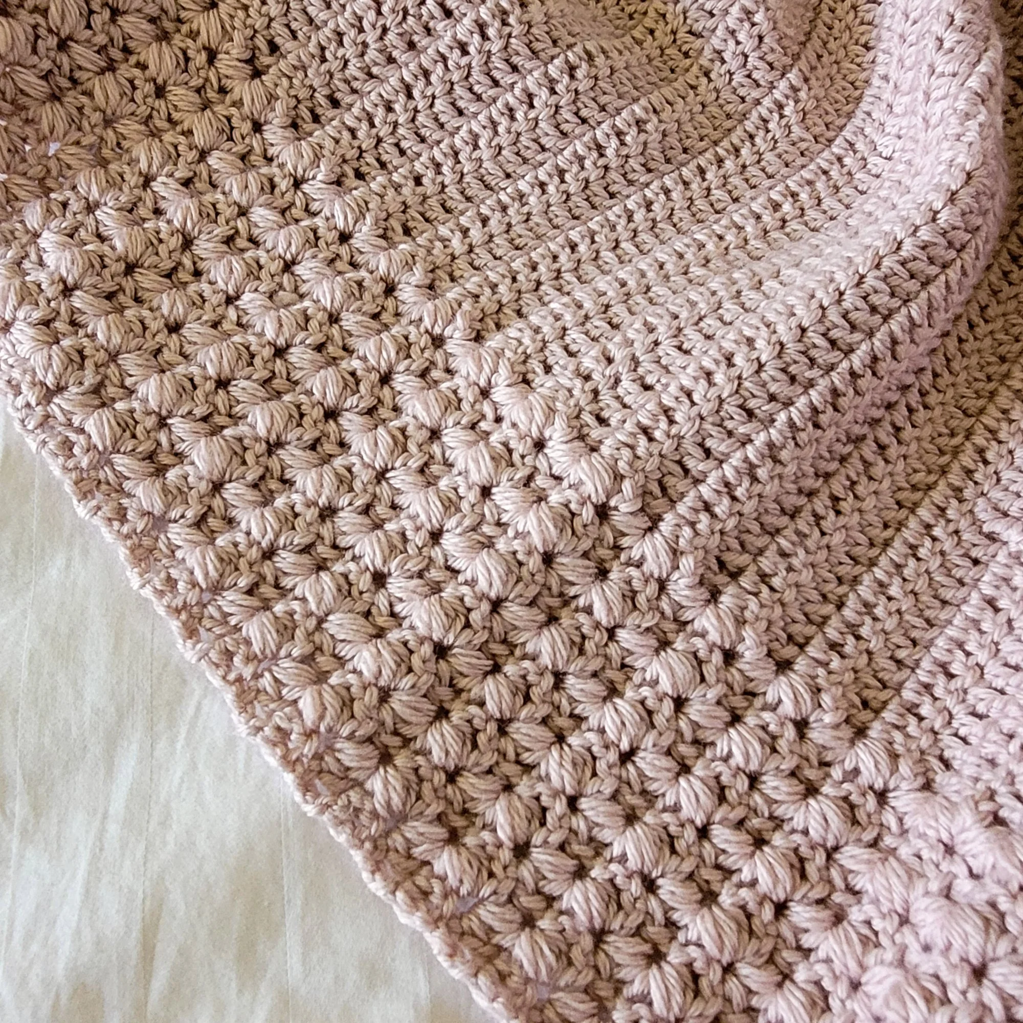 A close-up of the border on a pink crochet blanket. The textured border, worked seamlessly alongside the double crochet center panel, frames the piece with soft, plush detail.