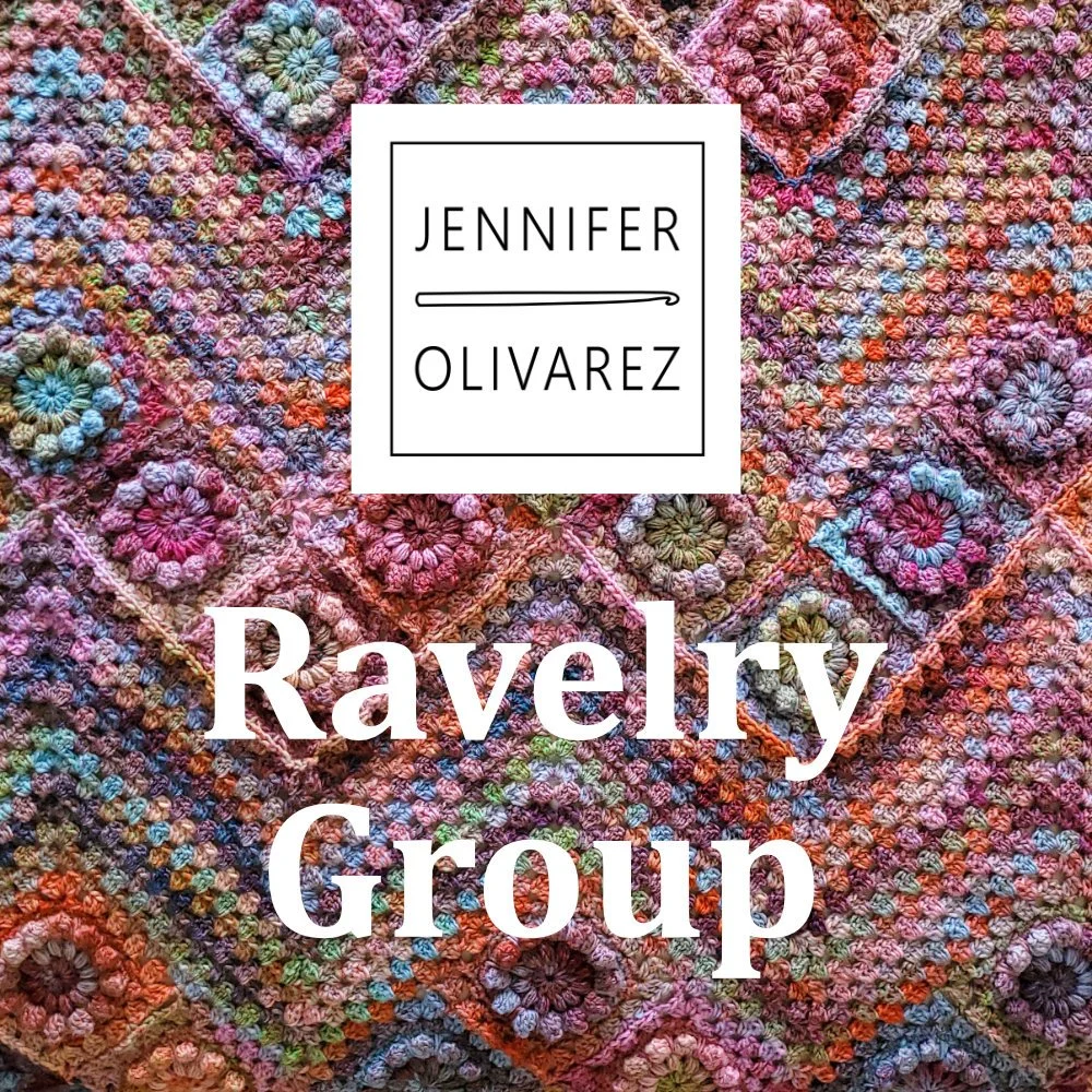 A multicolored floral crochet blanket lays in the background. On top of this is the Jennifer Olivarez logo in black and white. The words "Ravelry Group" appear in white below this.