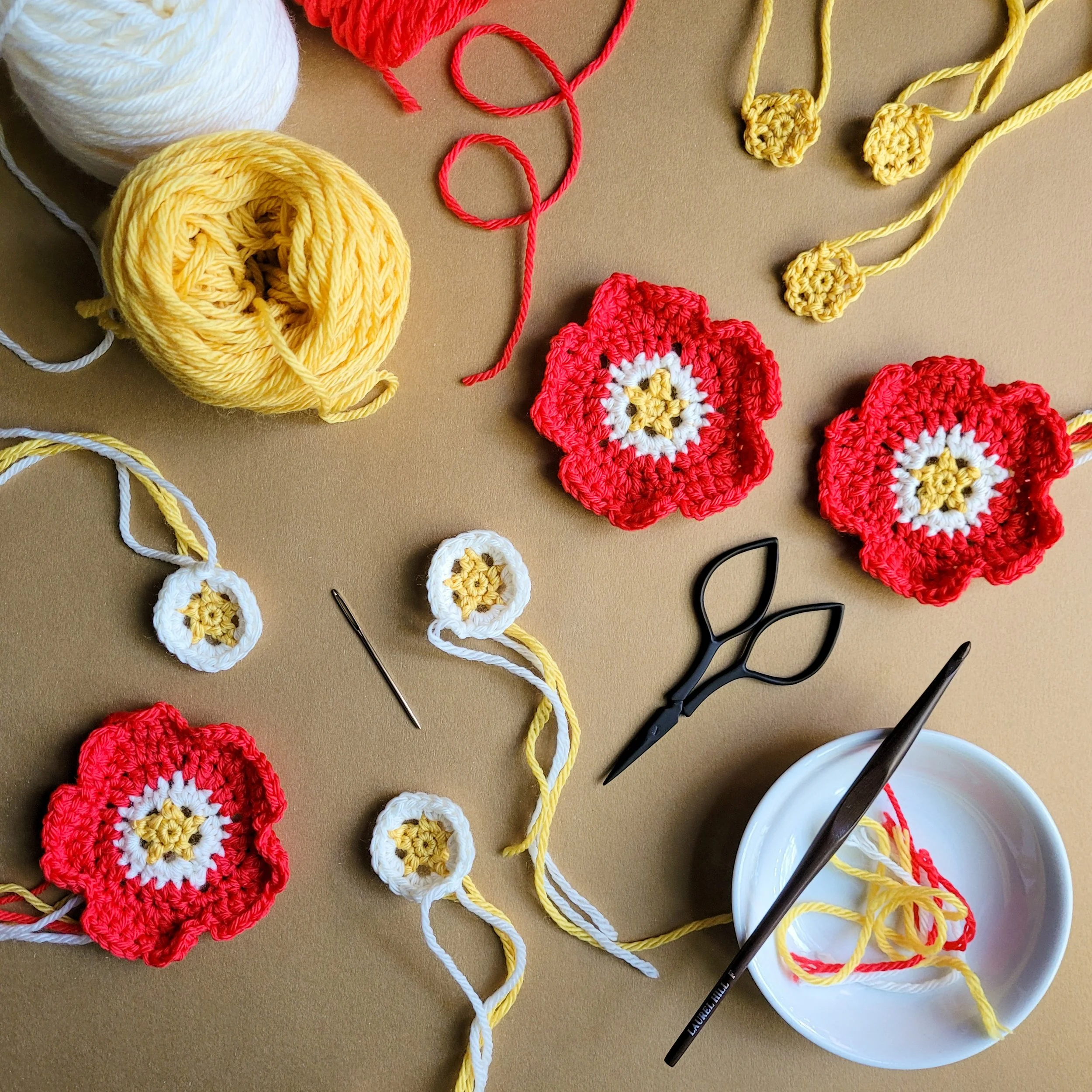 crochet Scarlet Globemallow, yarn, and tools