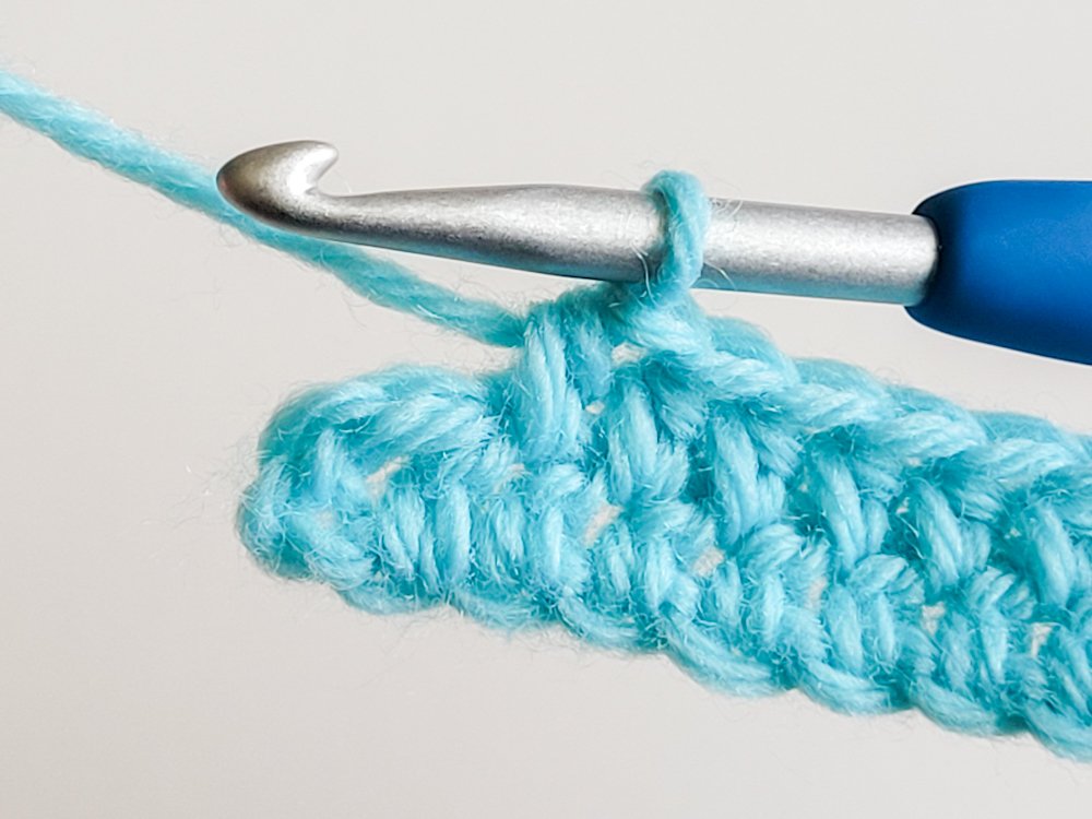 An hdc has been made in the space between each stitch across. Two stitches remain unworked at the end of the row.