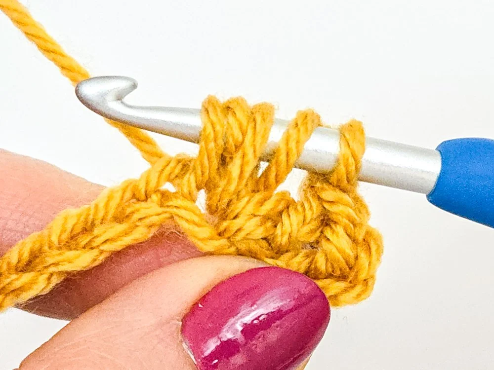 Second step in working a puff stitch complete. Five loops are on the hook.