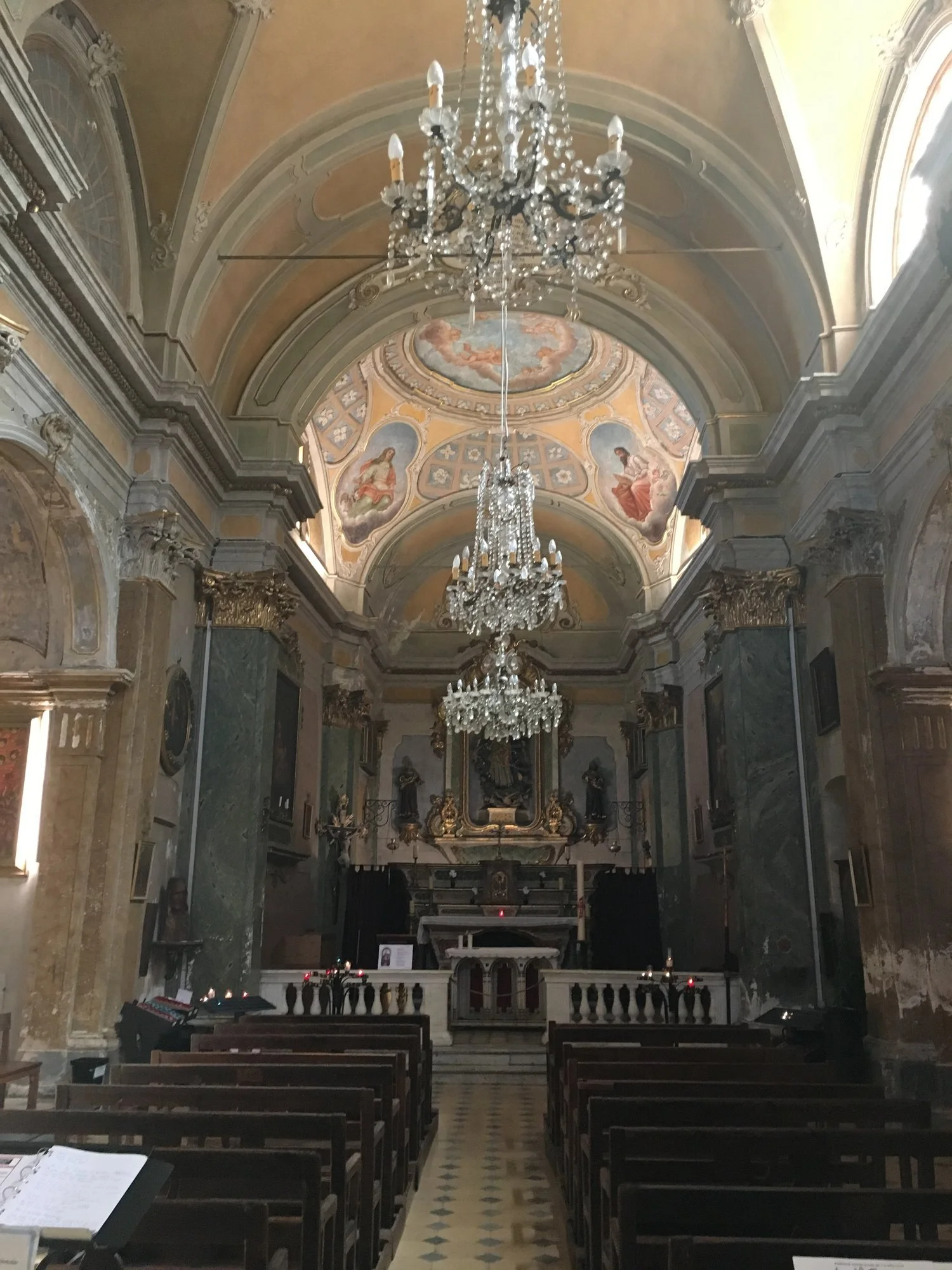  Inside of Eze church. &nbsp;I laid marble floors, painted walls, marble and gold accents and crystal chandeliers. &nbsp;Very typical for churches in Italy and Riviera. &nbsp;Riviera had been Italian when this was built and it looks like churches we 