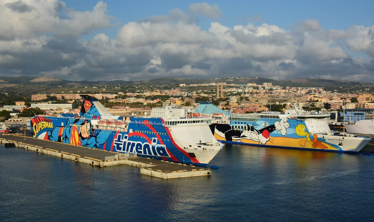  Upon leaving port last night on the next segment of our trip, we saw these very brightly painted ships. One Superman, one Batman, and later some other characters. Turns out these are large ferries between the Italian mainland and islands.&nbsp; 