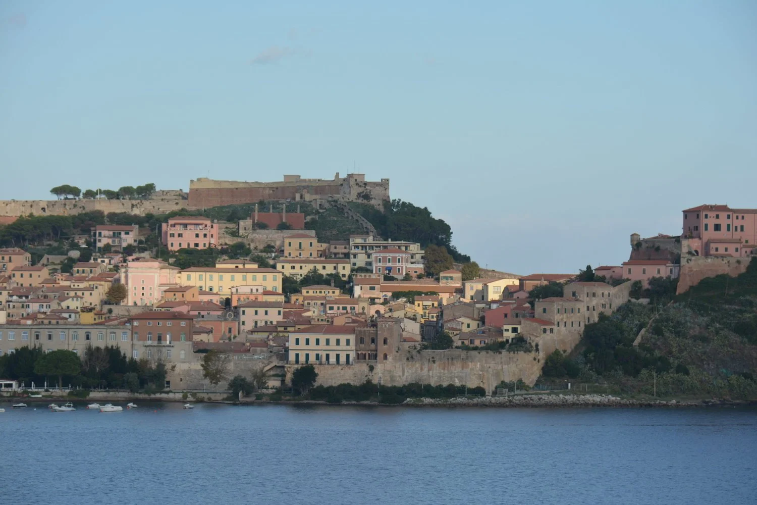  This is what we awoke to the first morning. Elba and the town of Portoferro.&nbsp; 