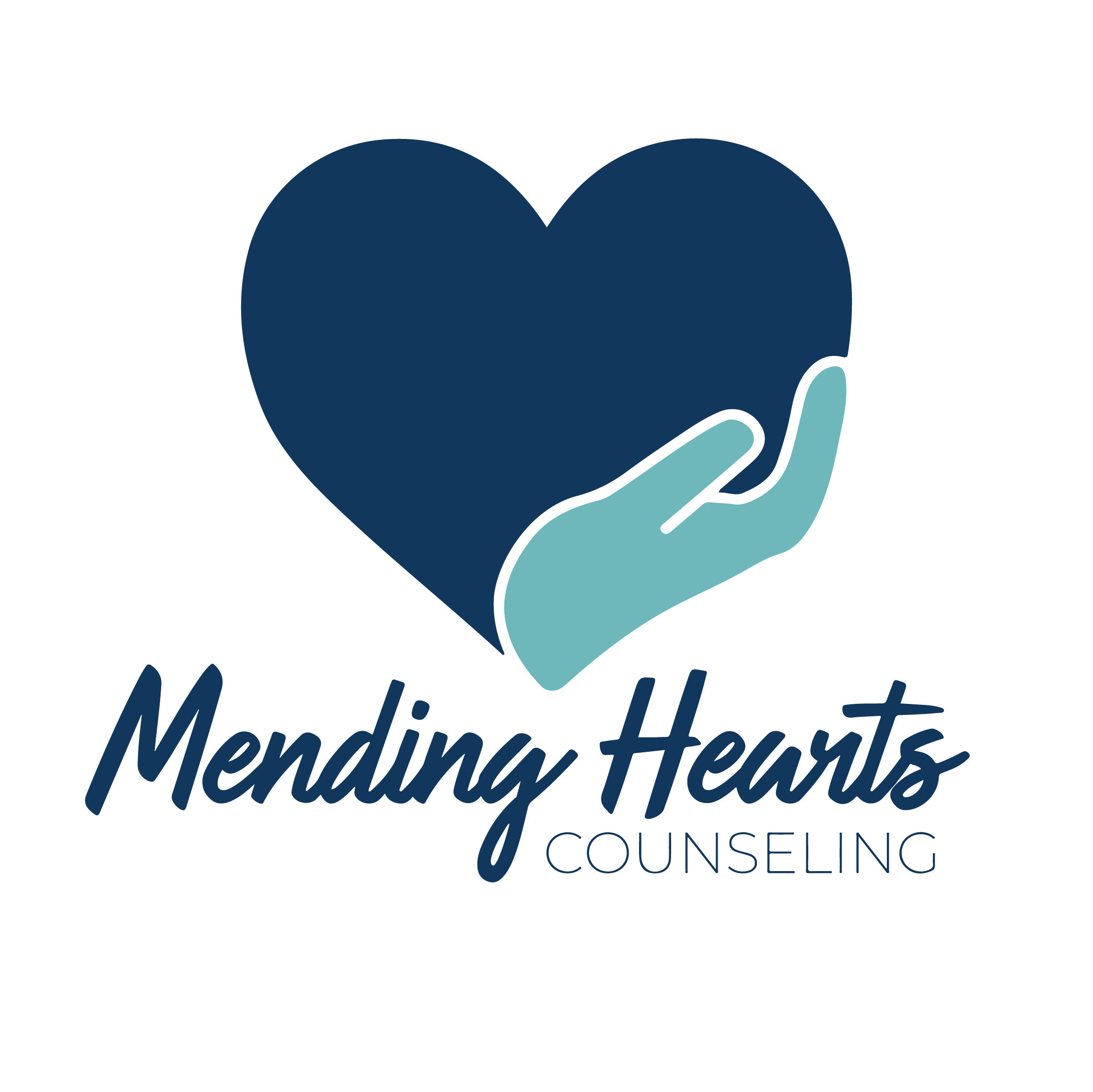 Logo with a hand holding a blue heart with the text 'Mending Hearts Counseling'.